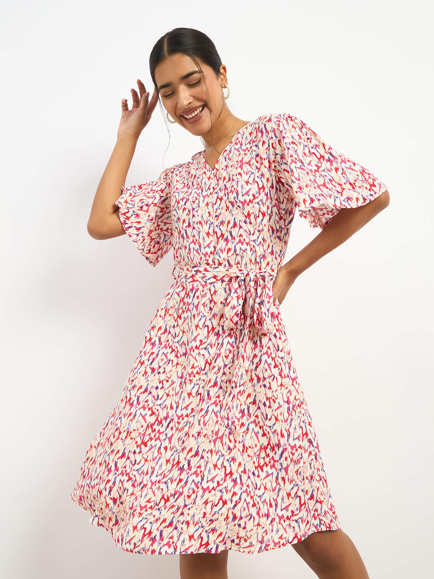 Solene Belted Faux Wrap Dress - Multicolor