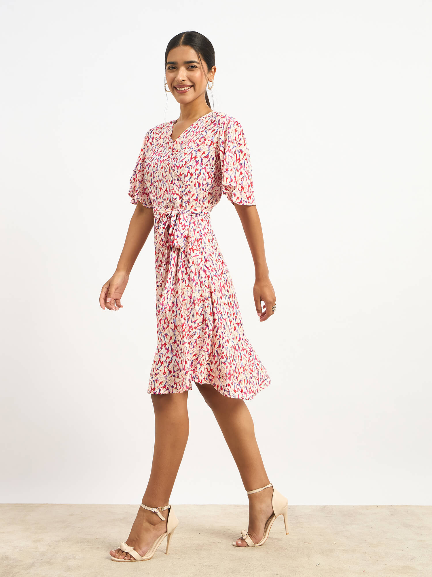 Solene Belted Faux Wrap Dress - Multicolor