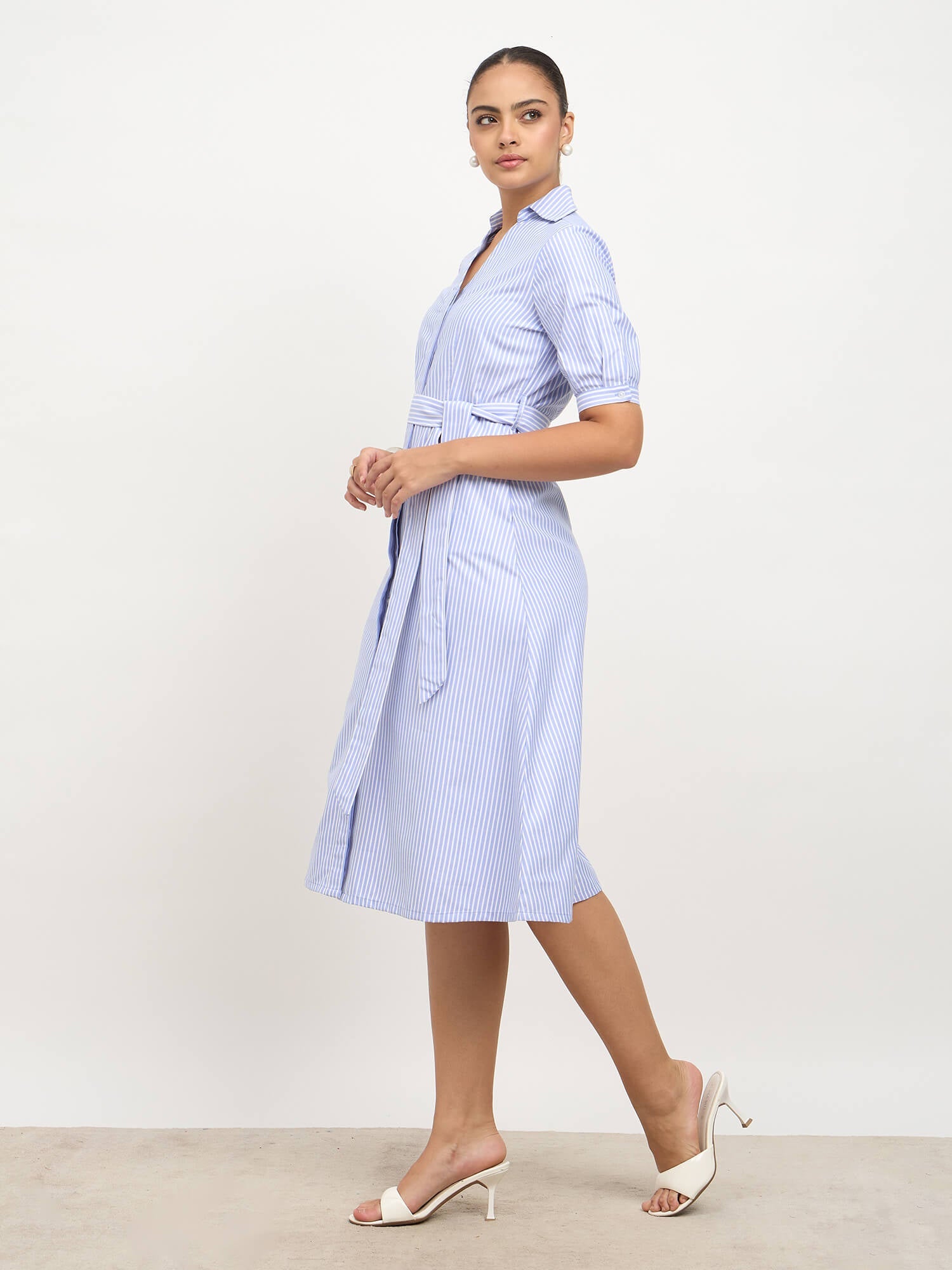 Sommer Belted Shirt Dress-Light Blue & White
