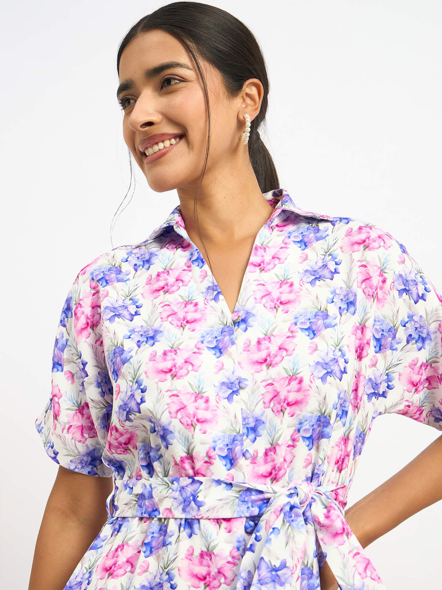 Melski Dolman Sleeve Shirt Dress - Printed Hydrangea
