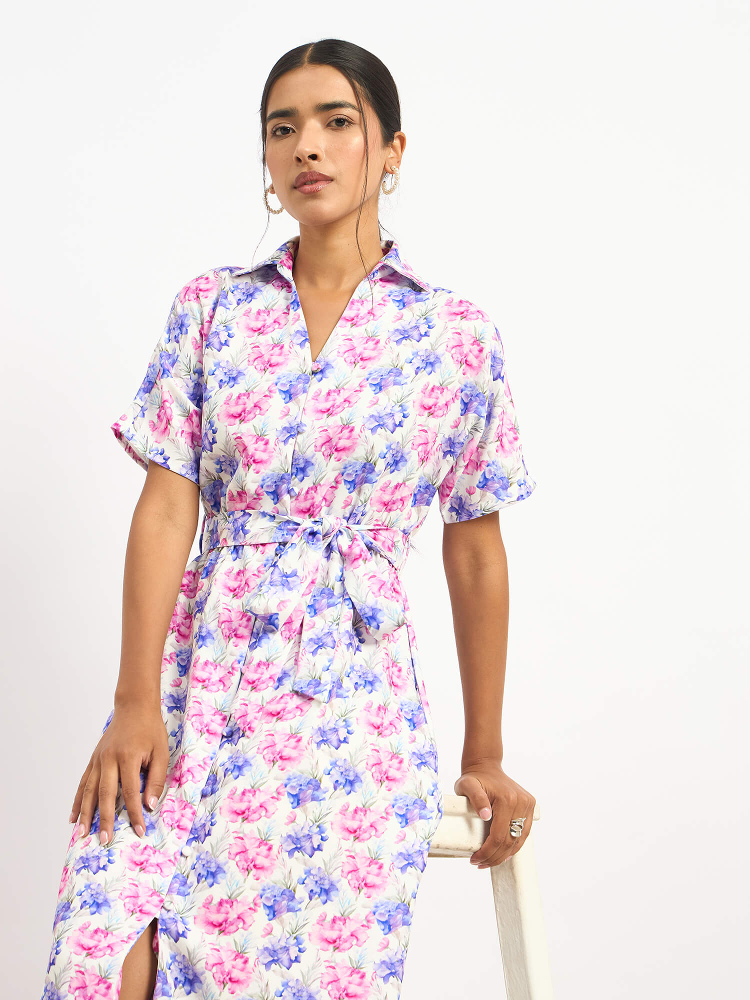 Melski Dolman Sleeve Shirt Dress - Printed Hydrangea