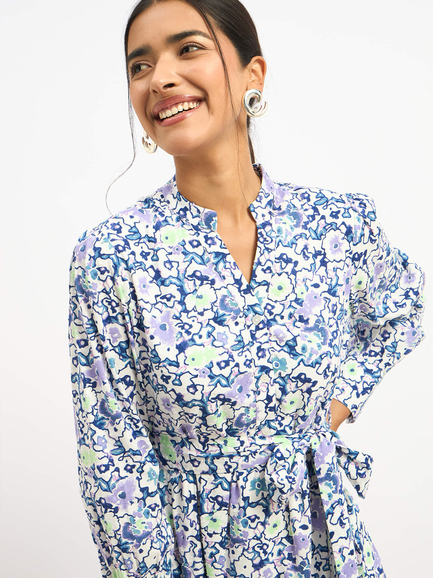 Lizbeth Short Belted Shirt Dress - Violet Abstract