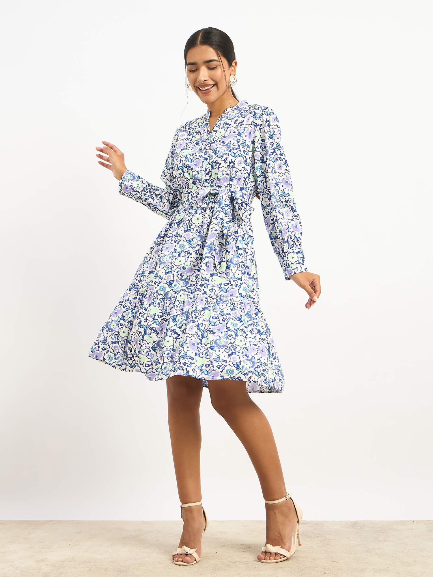 Lizbeth Short Belted Shirt Dress - Violet Abstract