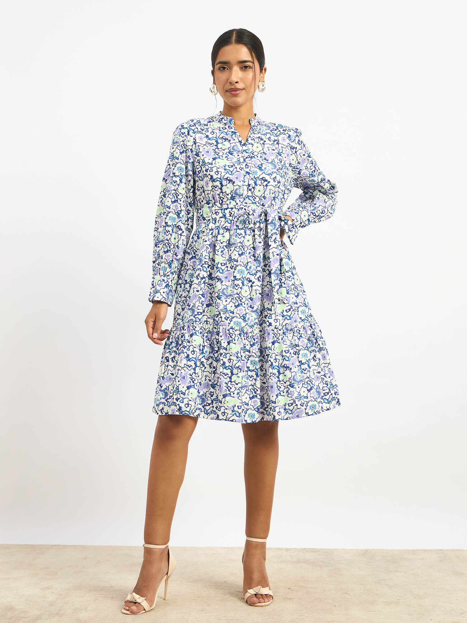 Lizbeth Short Belted Shirt Dress - Violet Abstract