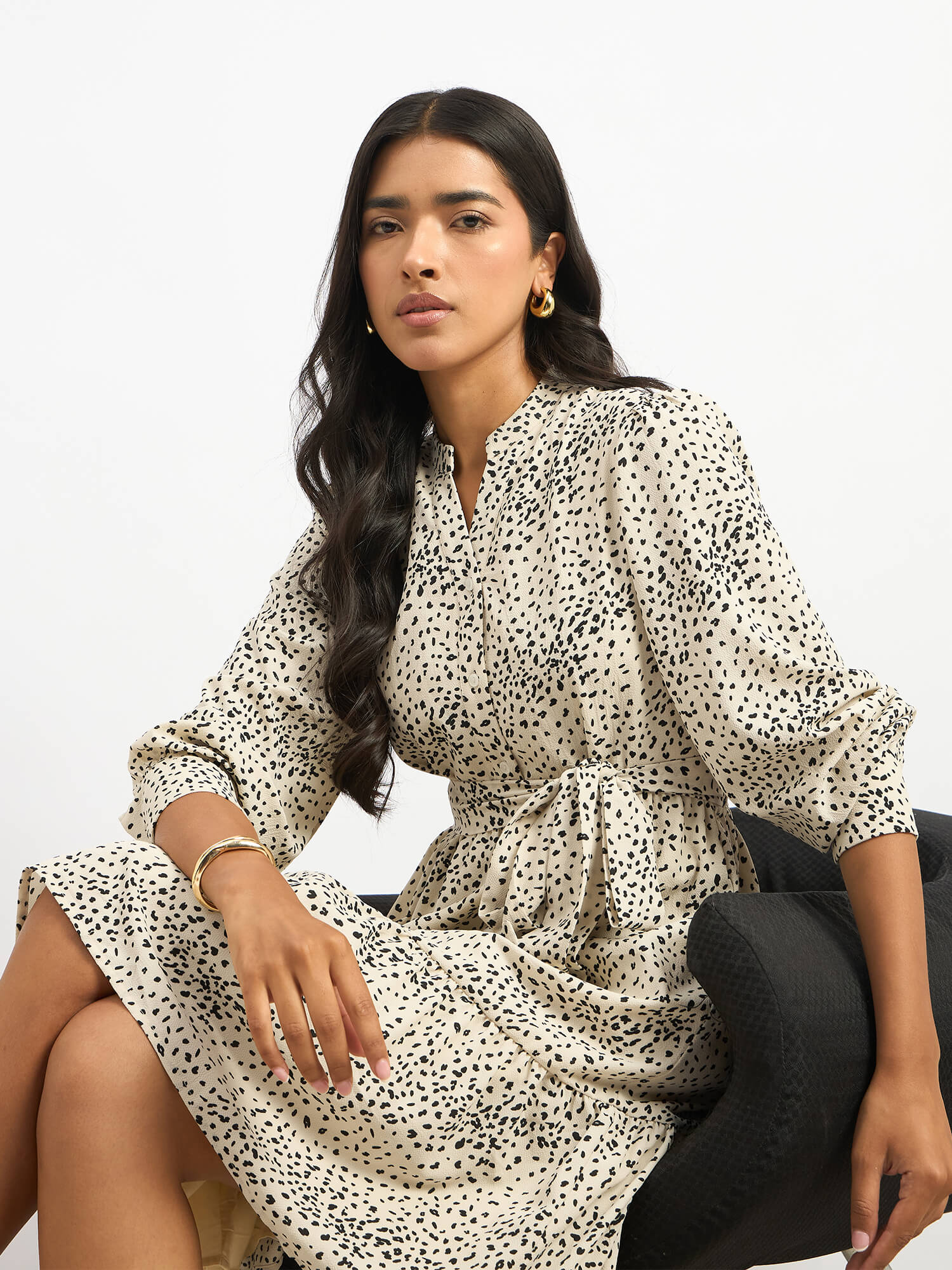 Lizbeth Short Belted Shirt Animal Print Dress - Beige & Black