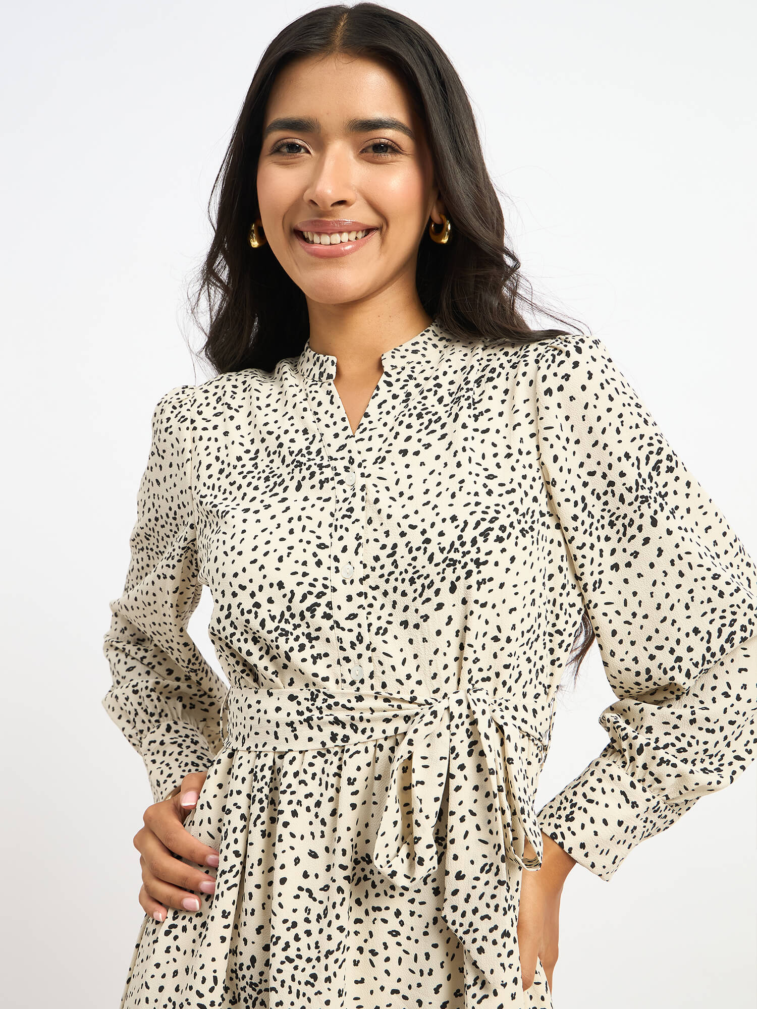 Lizbeth Short Belted Shirt Animal Print Dress - Beige & Black