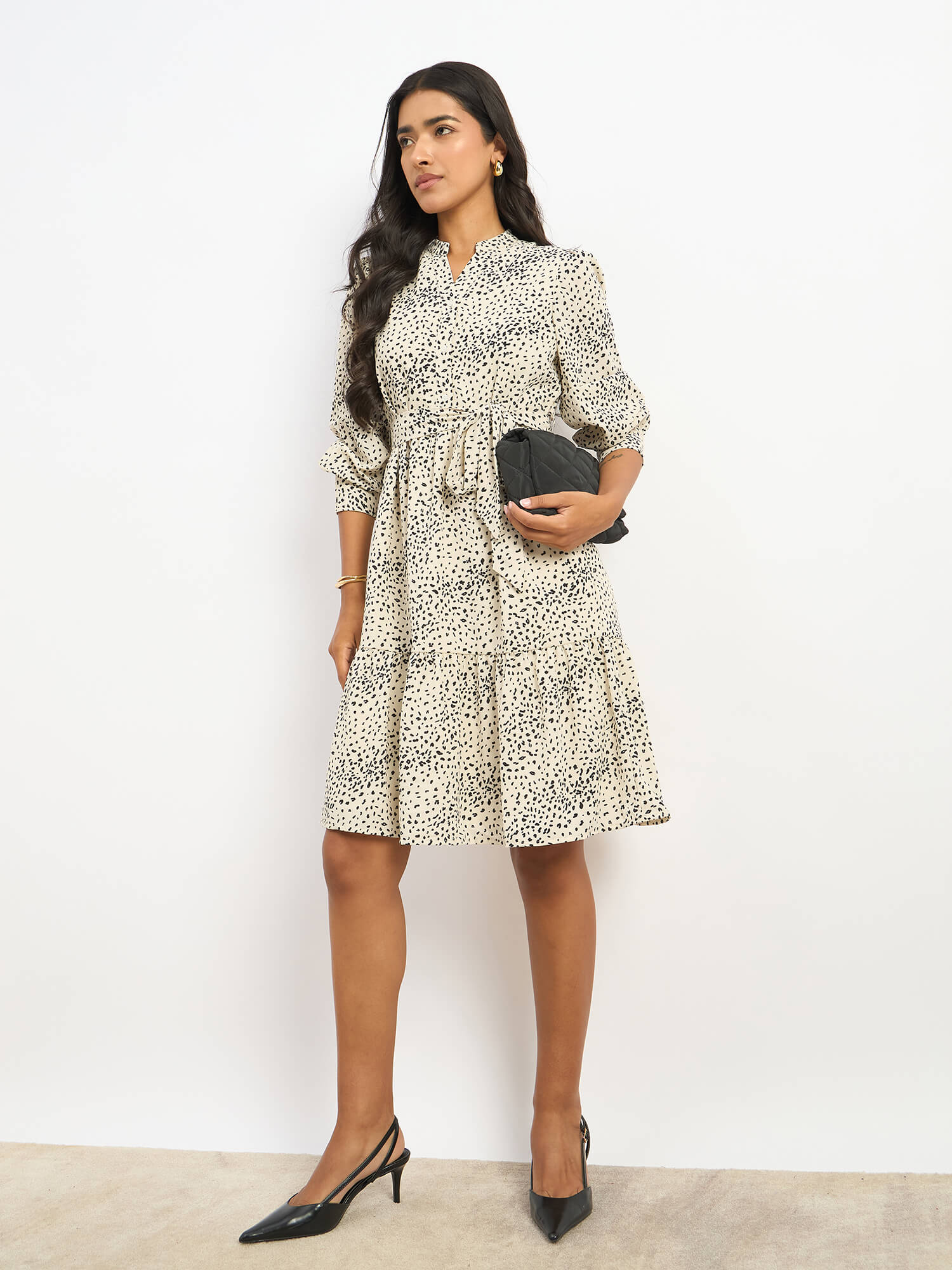 Lizbeth Short Belted Shirt Animal Print Dress - Beige & Black