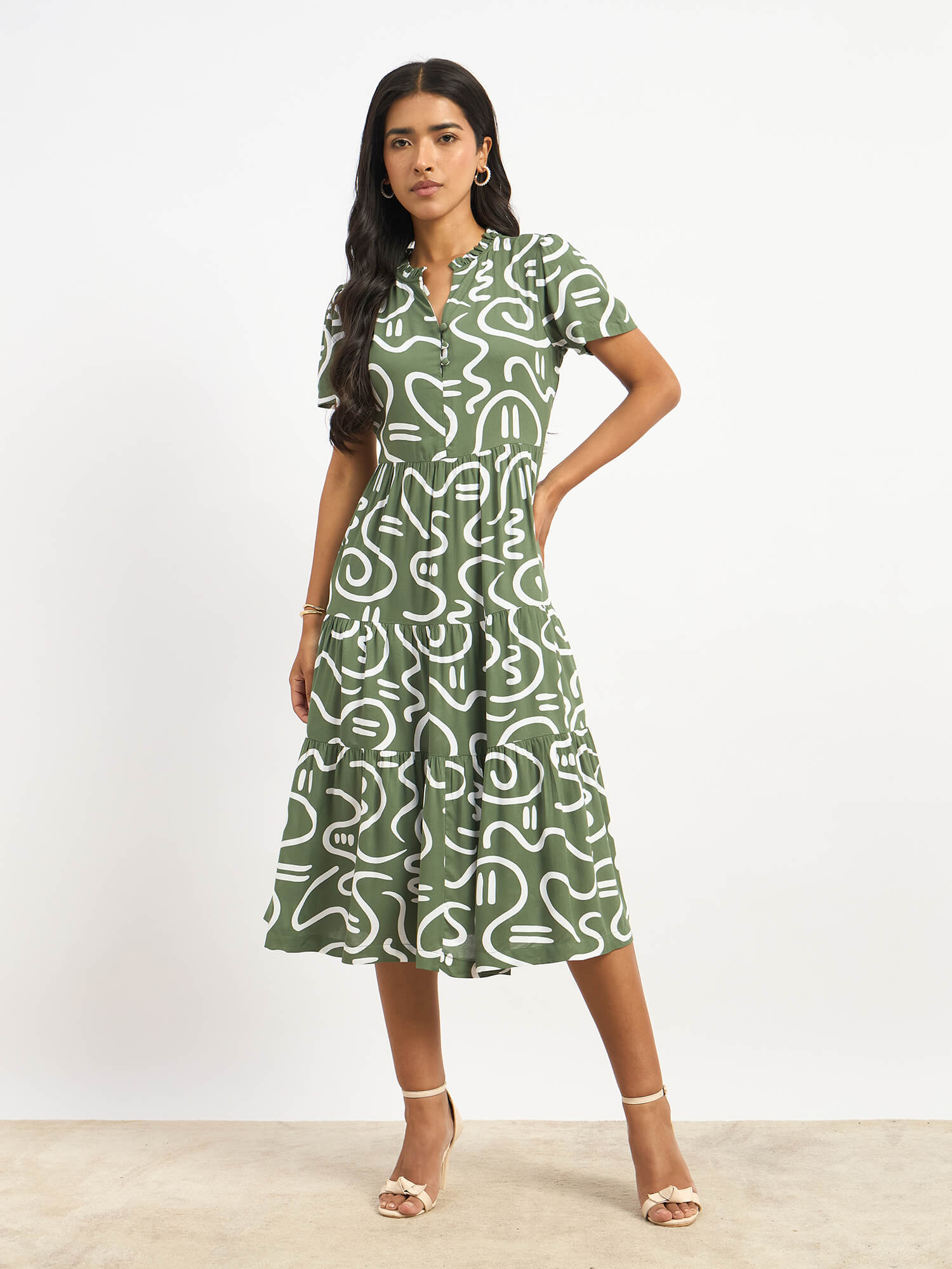 Donia Tiered Midi Length Dress - Sage & White