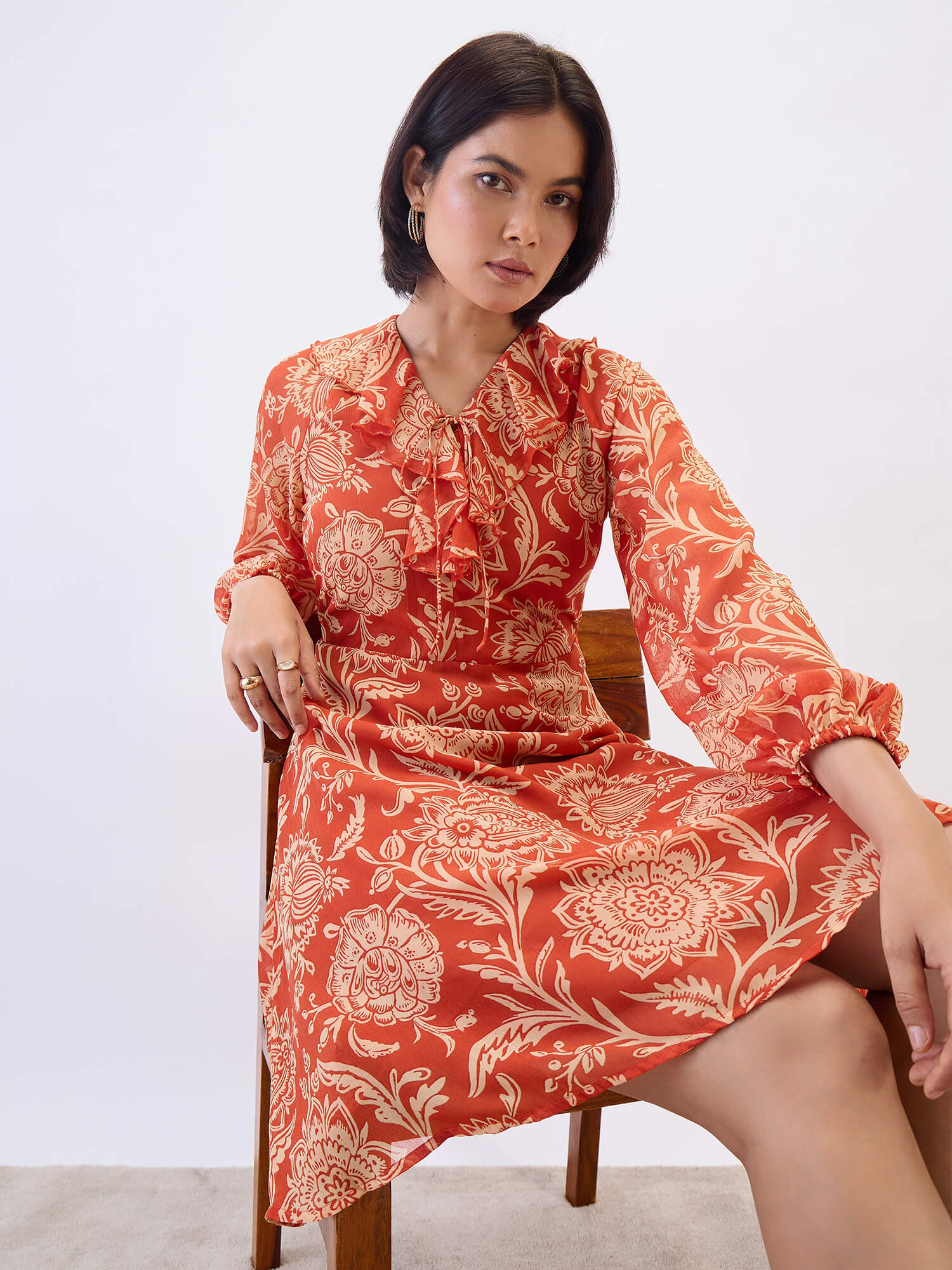 Regina Ruffle neck Dress-Rust & Beige