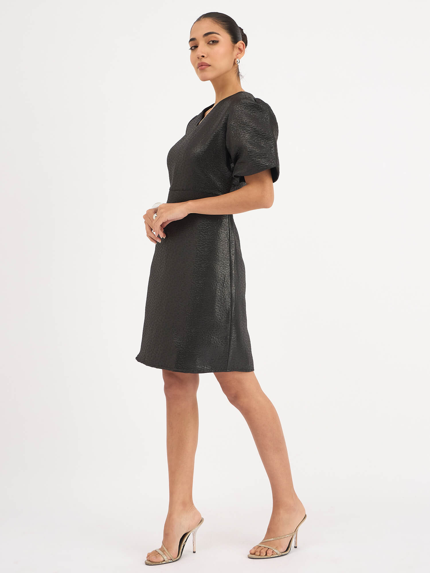 Rebel V-Neck Puff Sleeve Dress - Black - SALT Attire