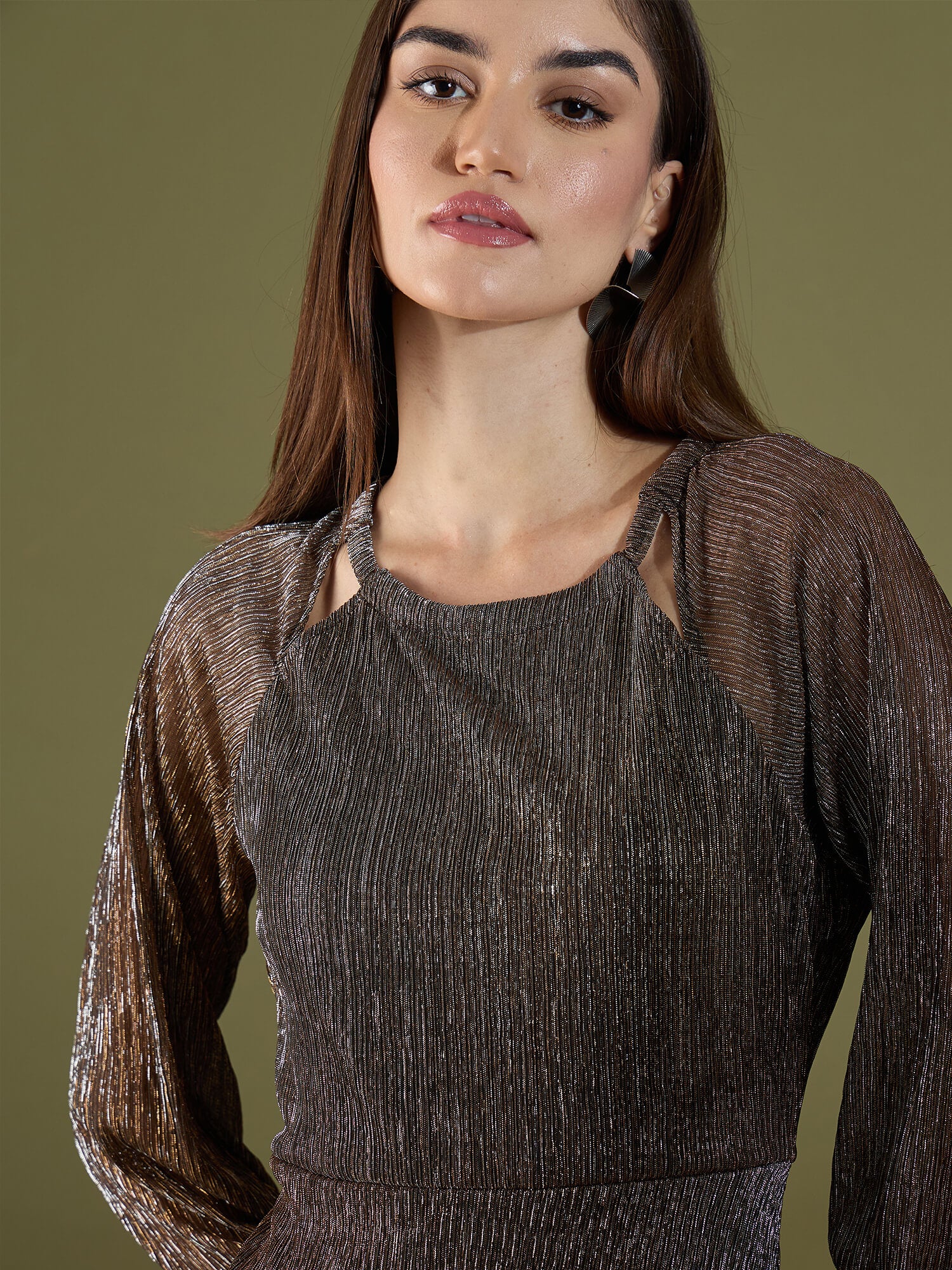 Nyx Plisse Cutout Dress - Bronze