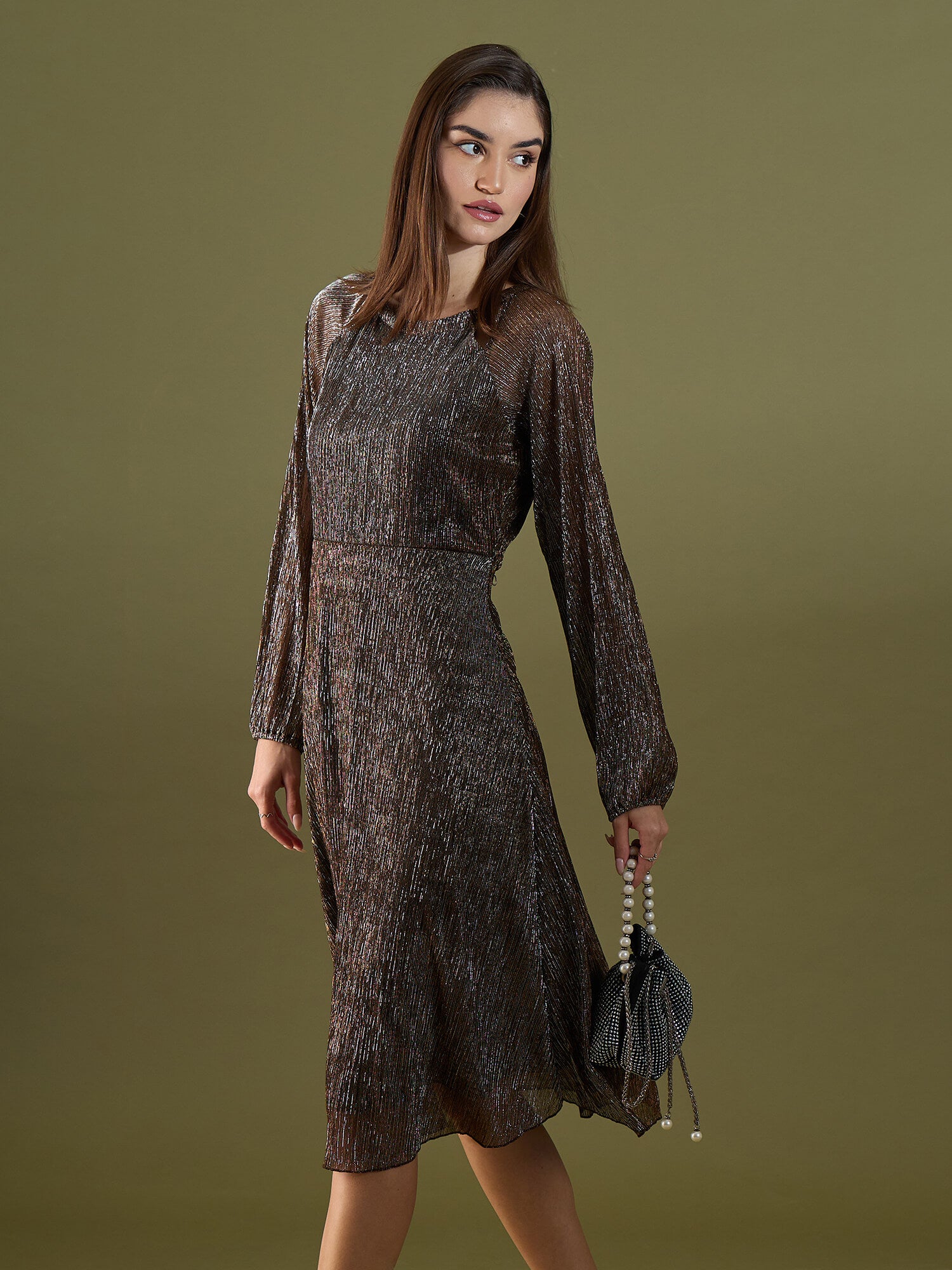 Nyx Plisse Cutout Dress - Bronze