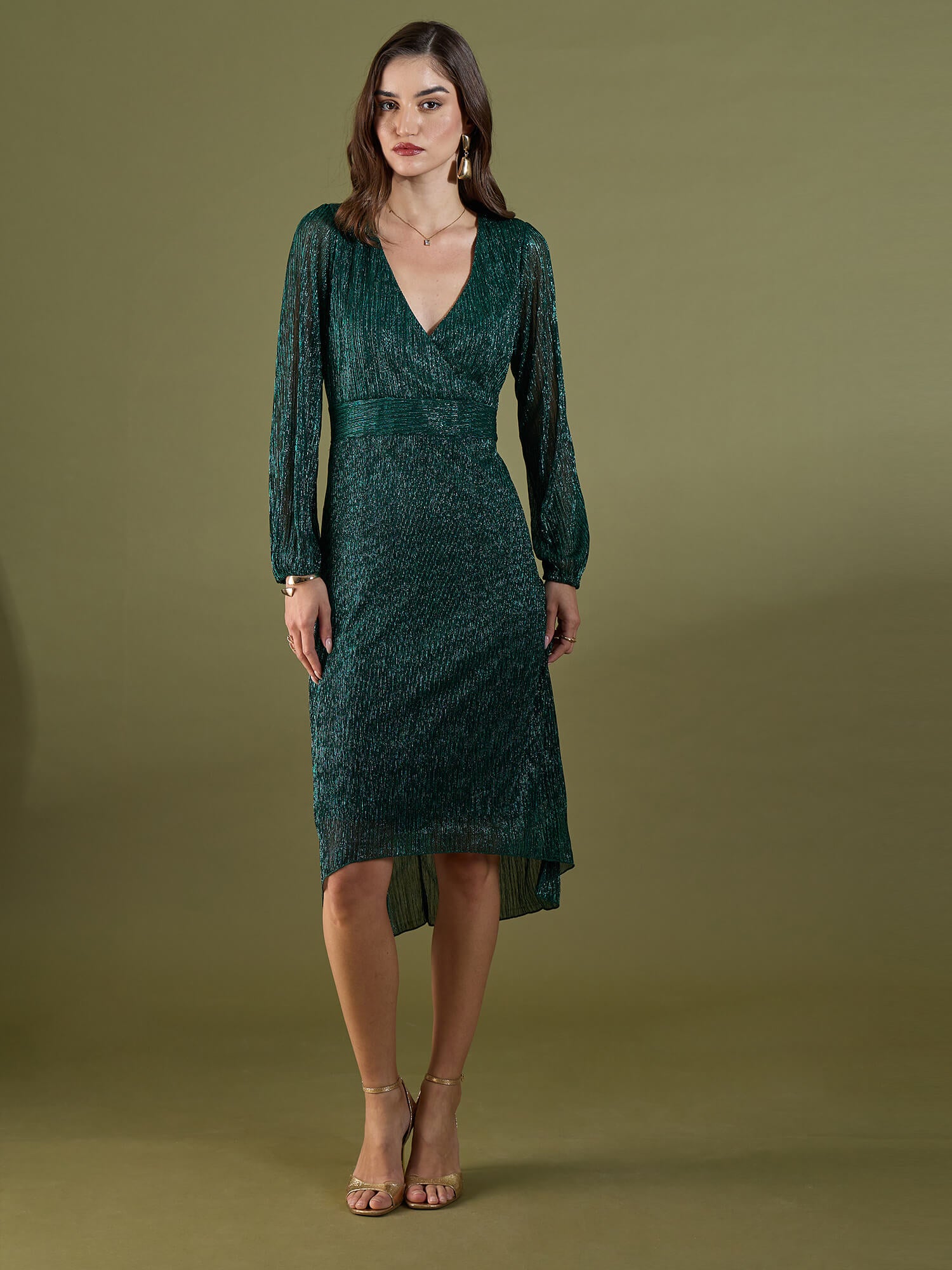 Beyonce Plisse Faux Wrap Dress -Green