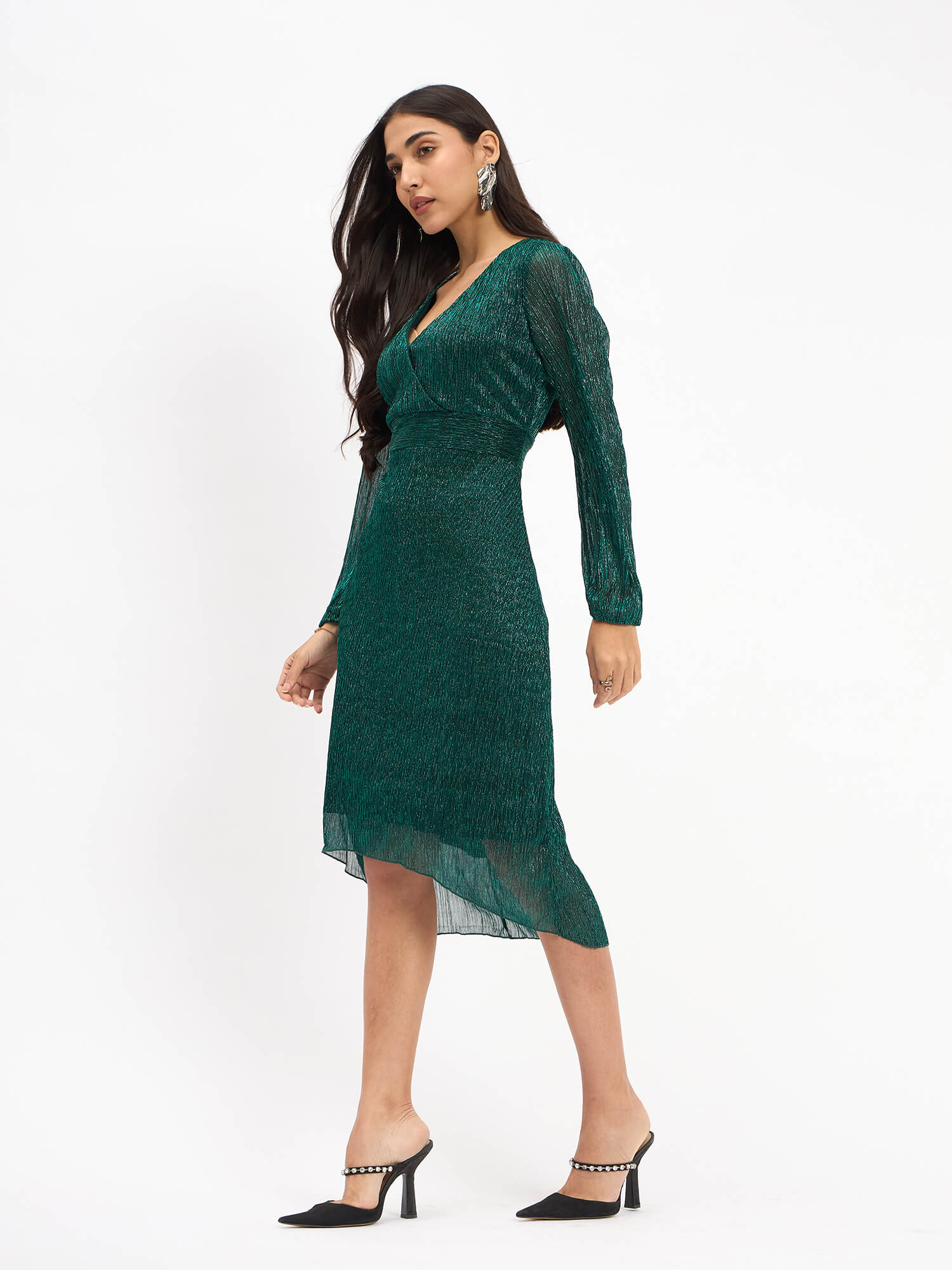 Beyonce Plisse Faux Wrap Dress -Green