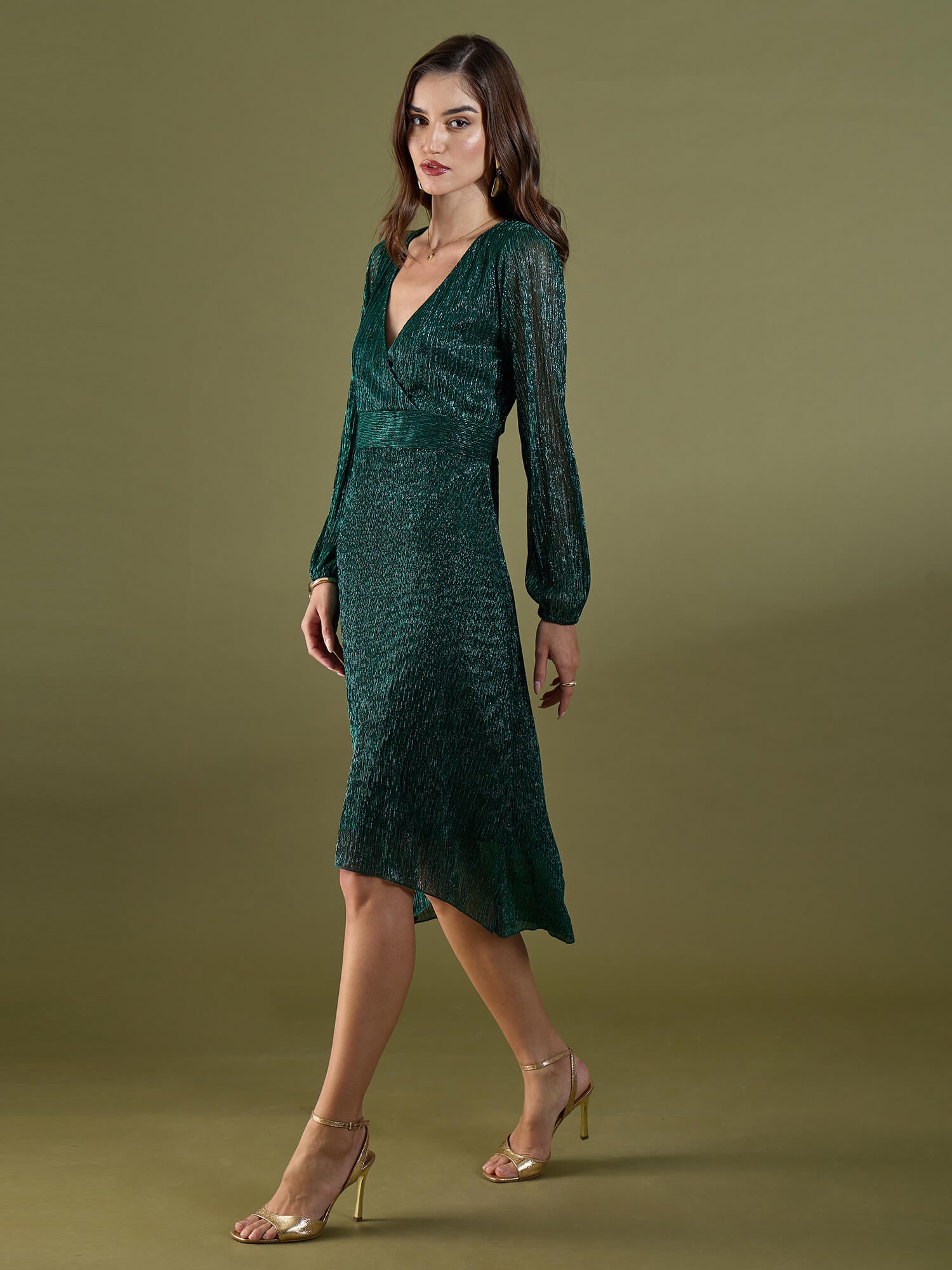 Beyonce Plisse Faux Wrap Dress -Green