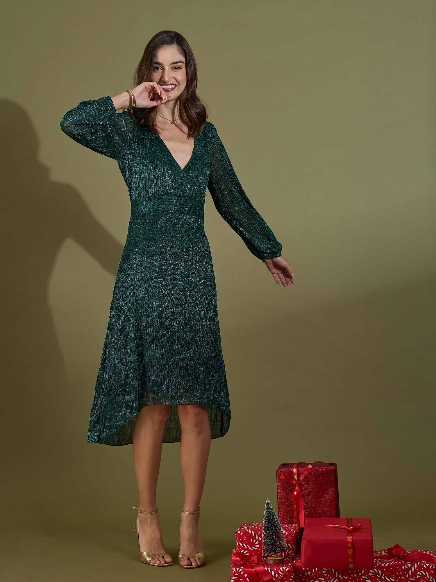Beyonce Plisse Faux Wrap Dress -Green