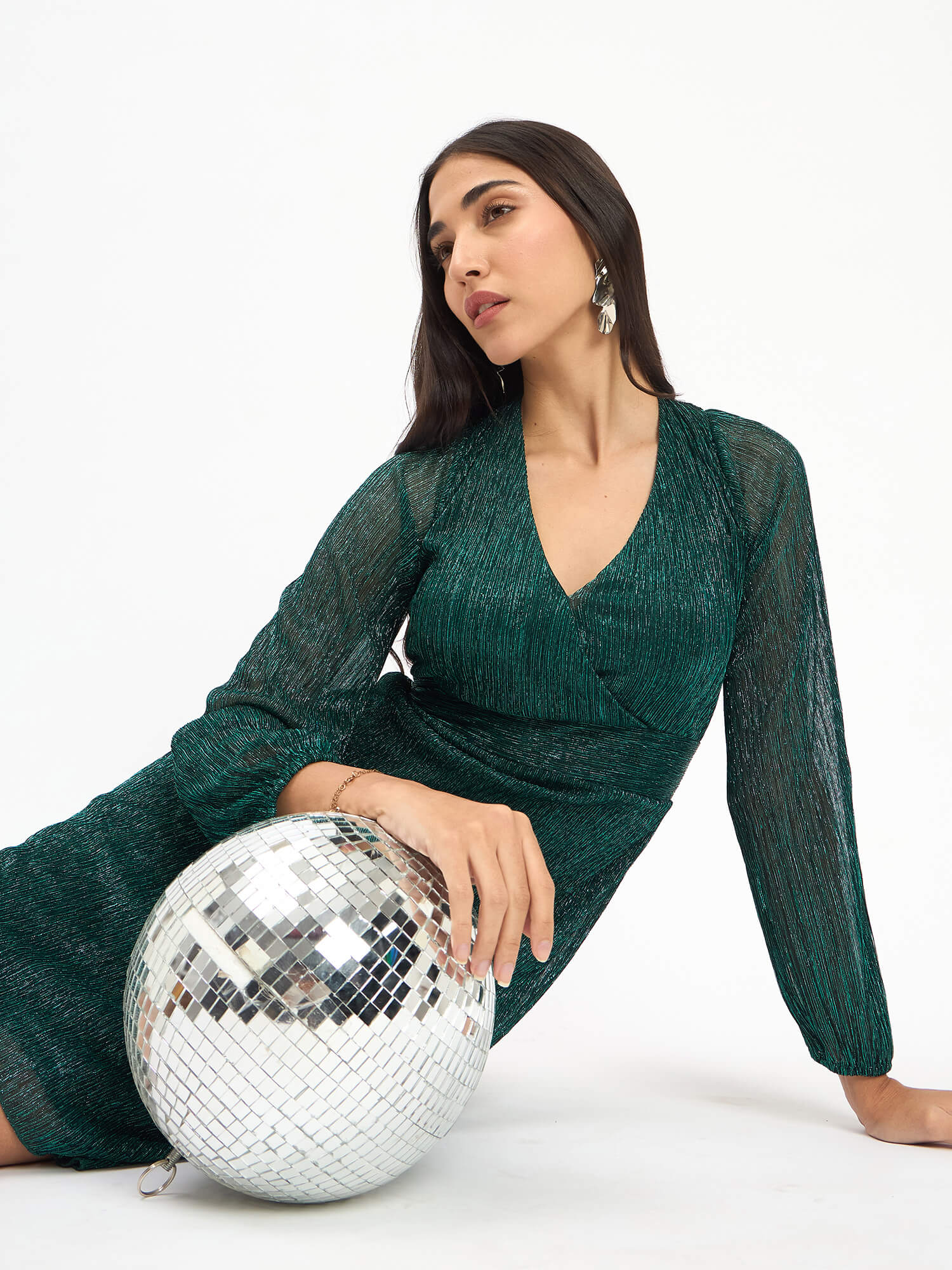 Beyonce Plisse Faux Wrap Dress -Green
