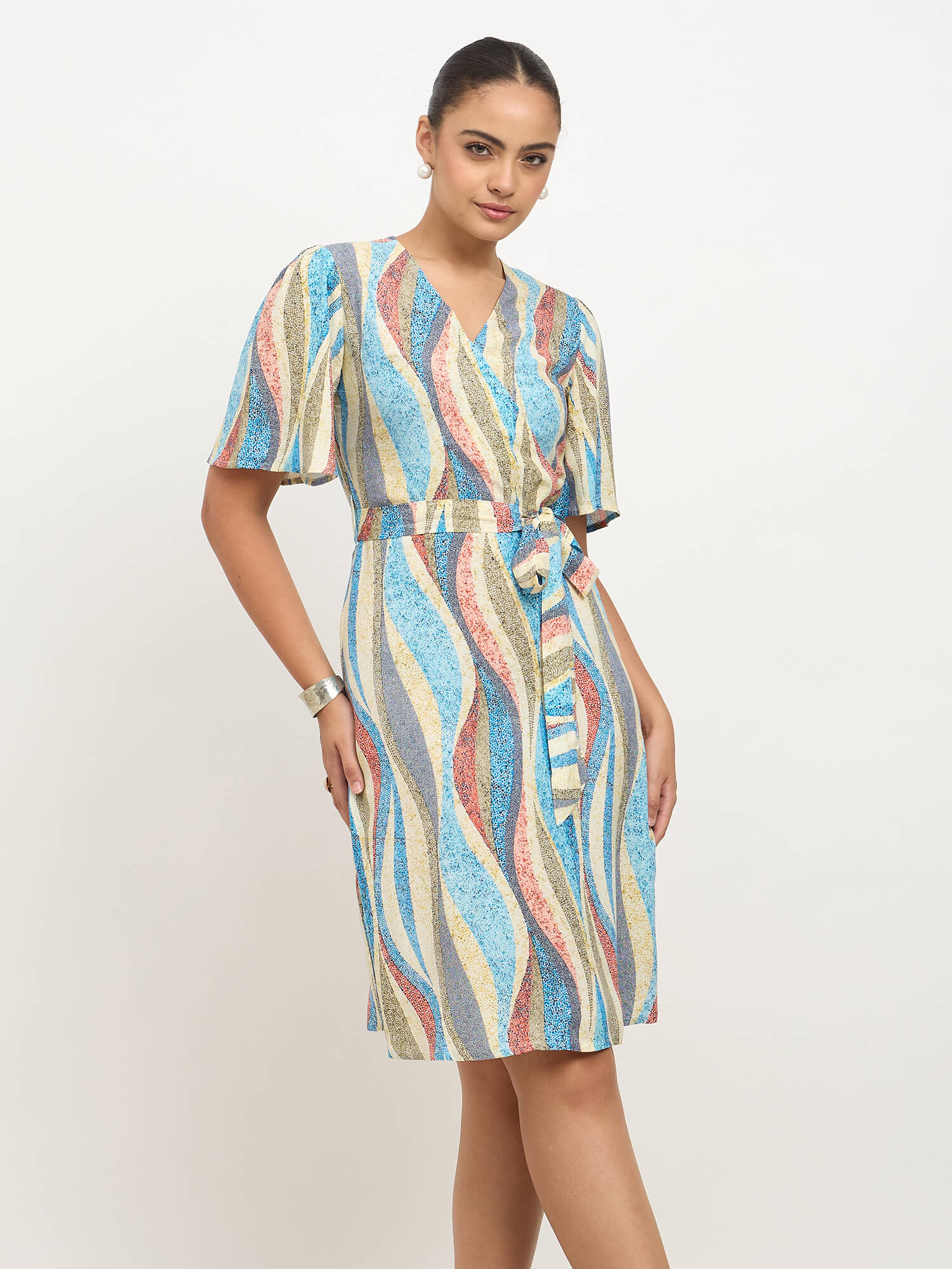 Briselle Belted Faux Wrap Dress-Multi