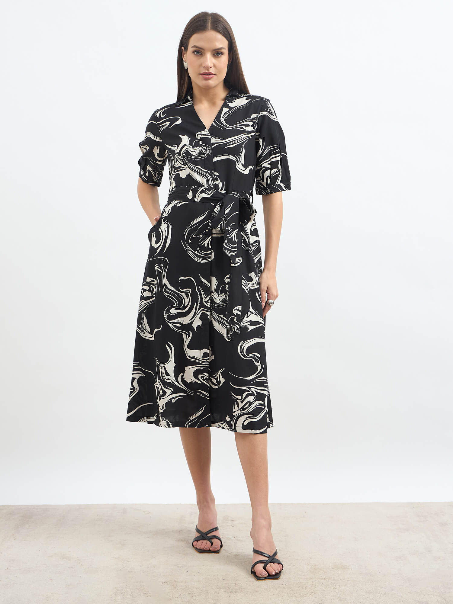 Sommer Belted Shirt Dress-Black & White