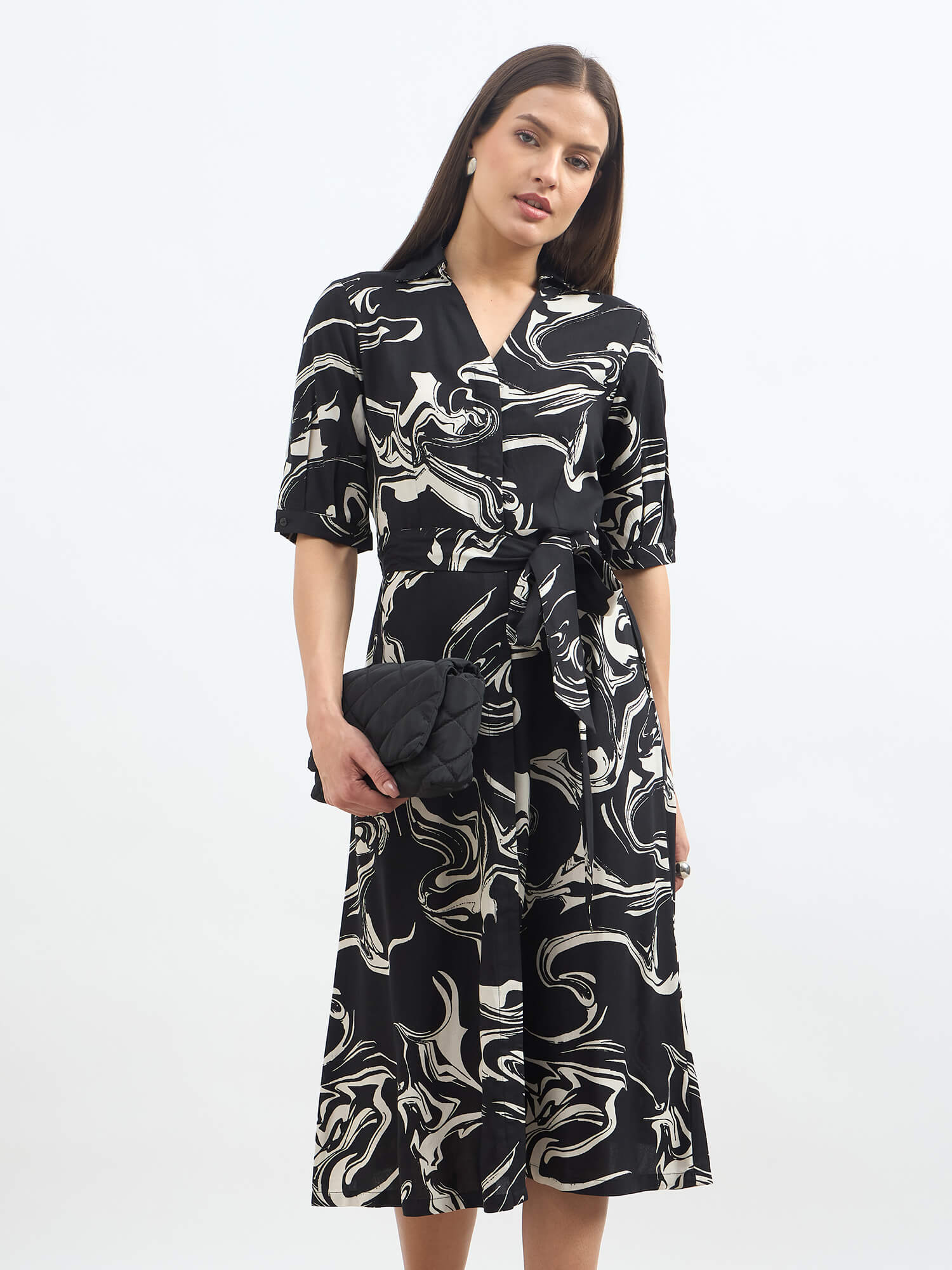 Sommer Belted Shirt Dress-Black & White