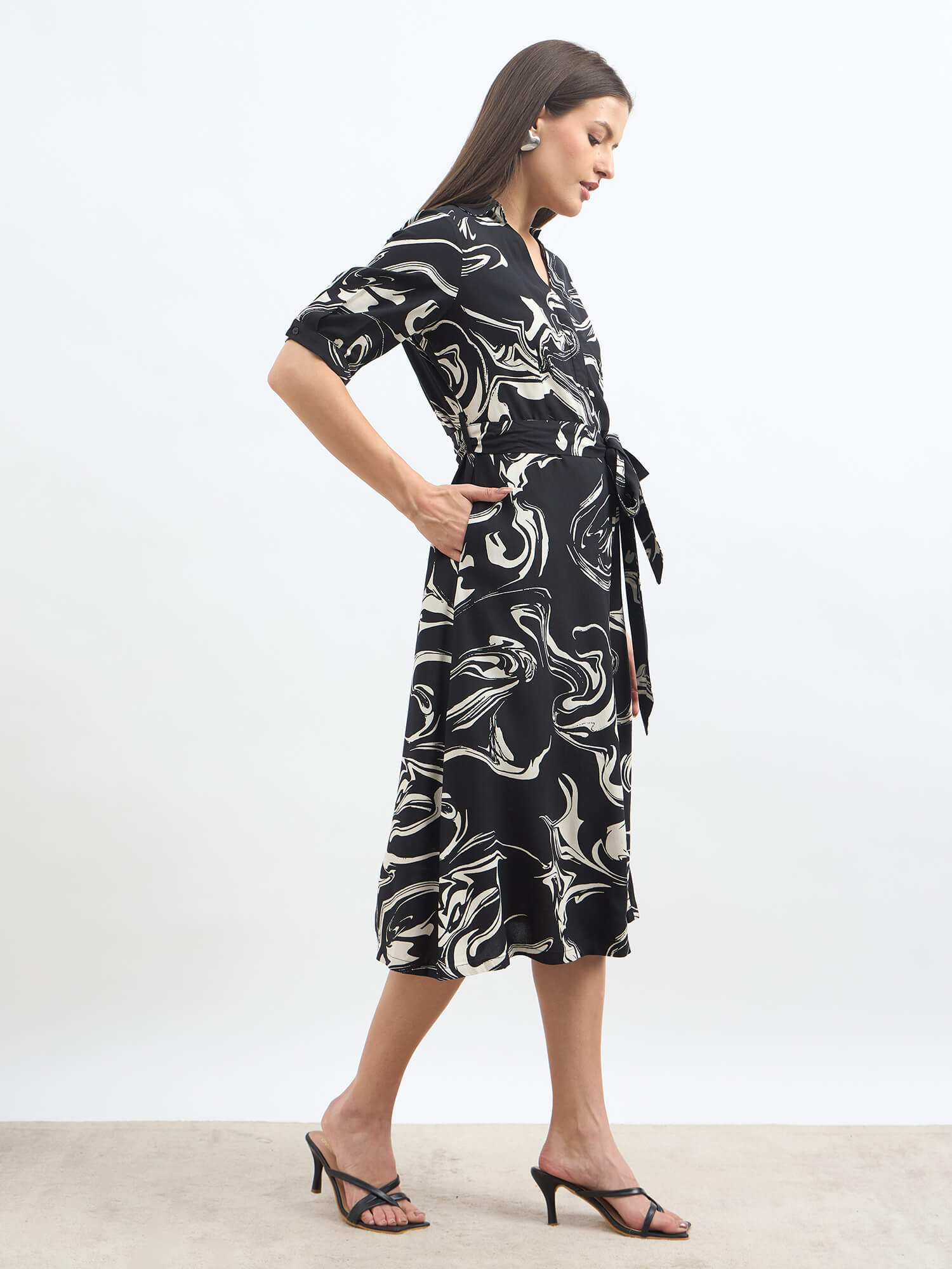 Sommer Belted Shirt Dress-Black & White
