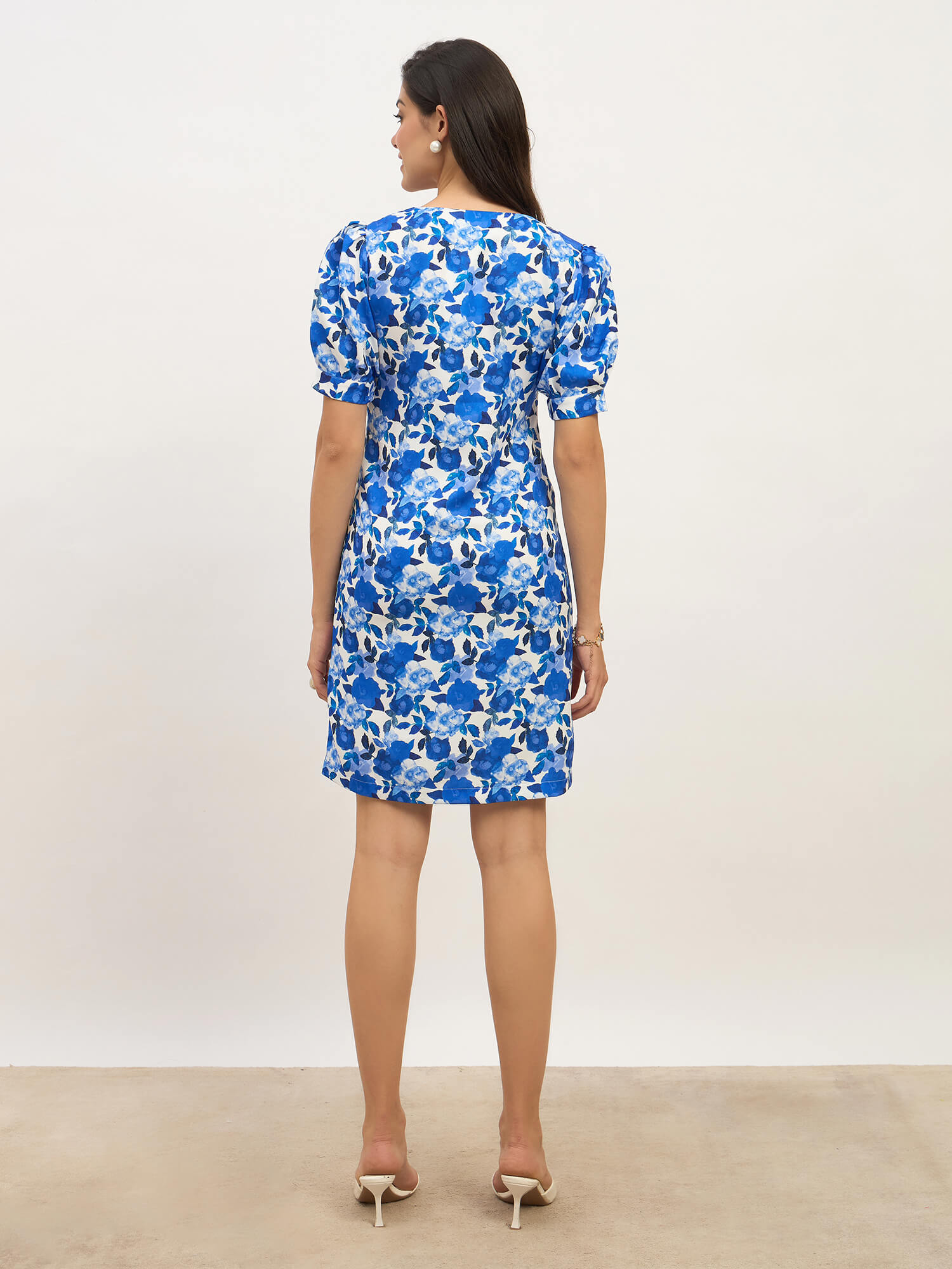 Dovie Balloon Sleeves Shift Dress-Blue & White