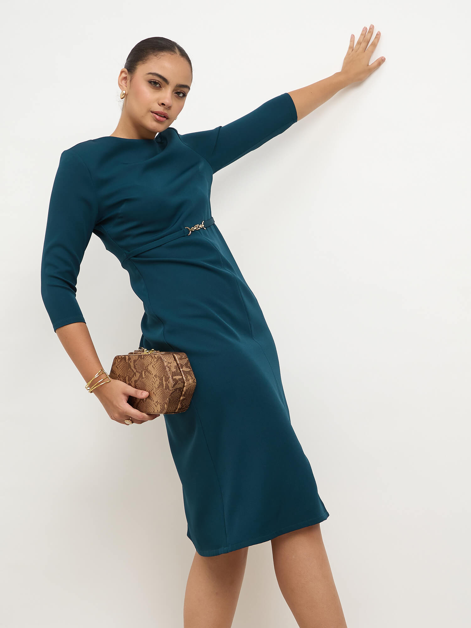 Erica Waist Embellishement Fit & Flare Dress-Teal