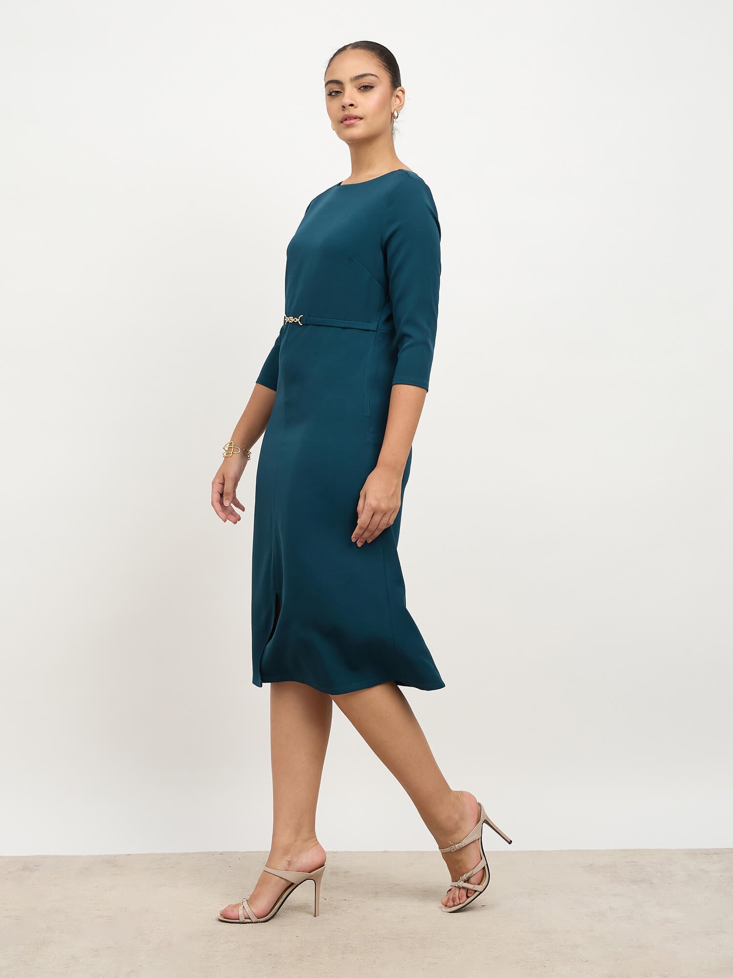 Erica Waist Embellishement Fit & Flare Dress-Teal