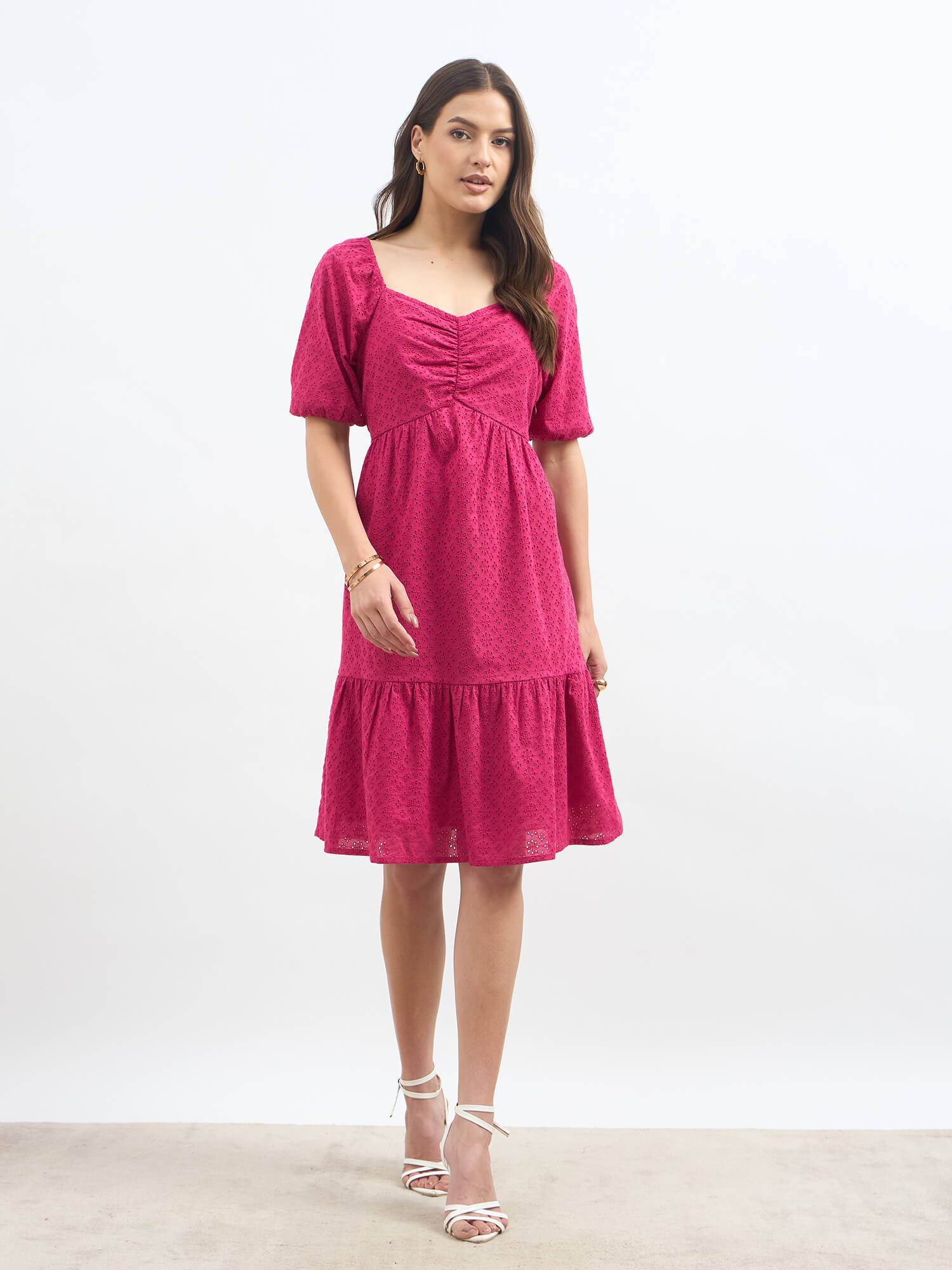 Frenetic Schiffli Ruched Detail Dress - Pink