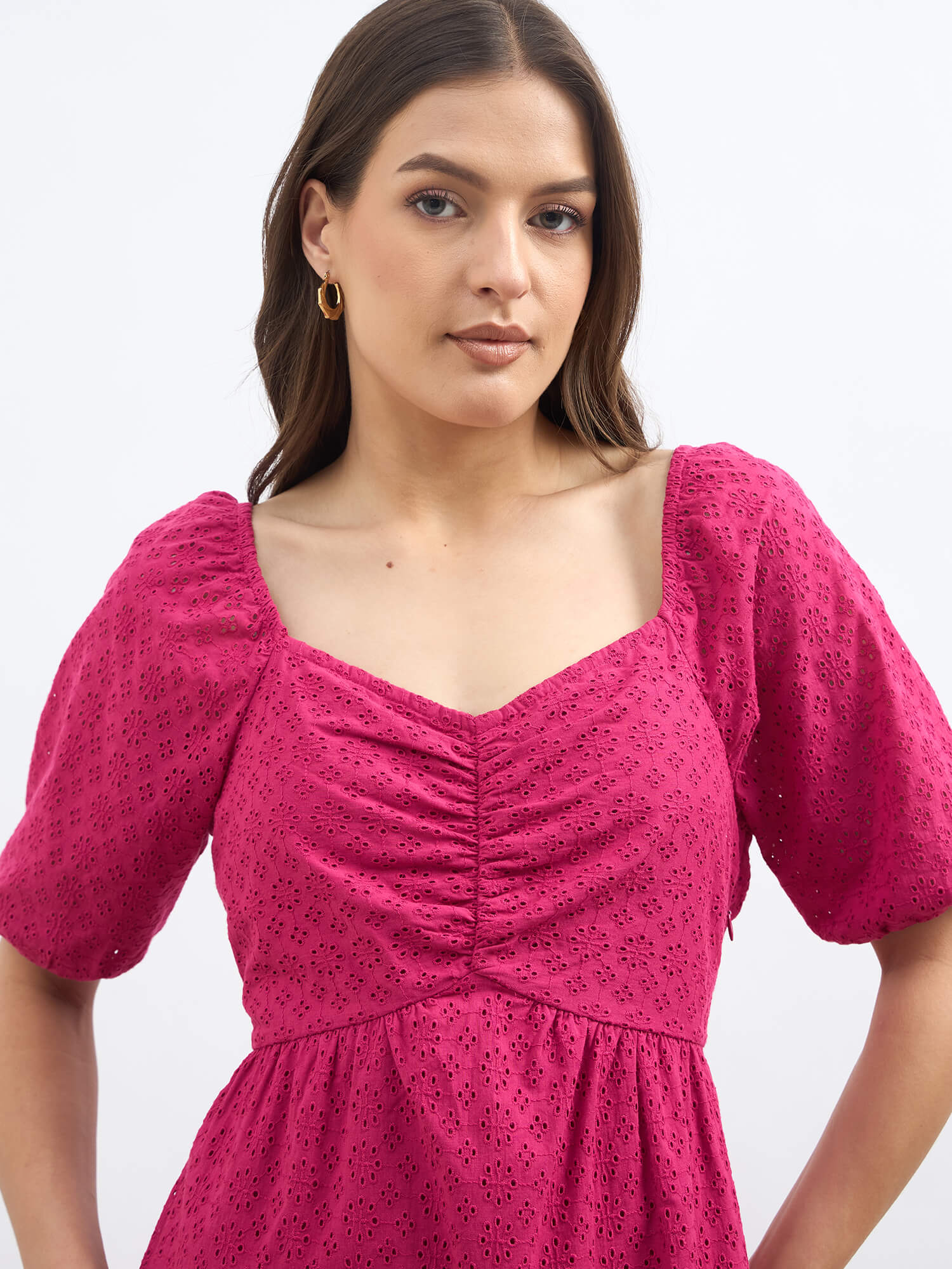 Frenetic Schiffli Ruched Detail Dress - Pink