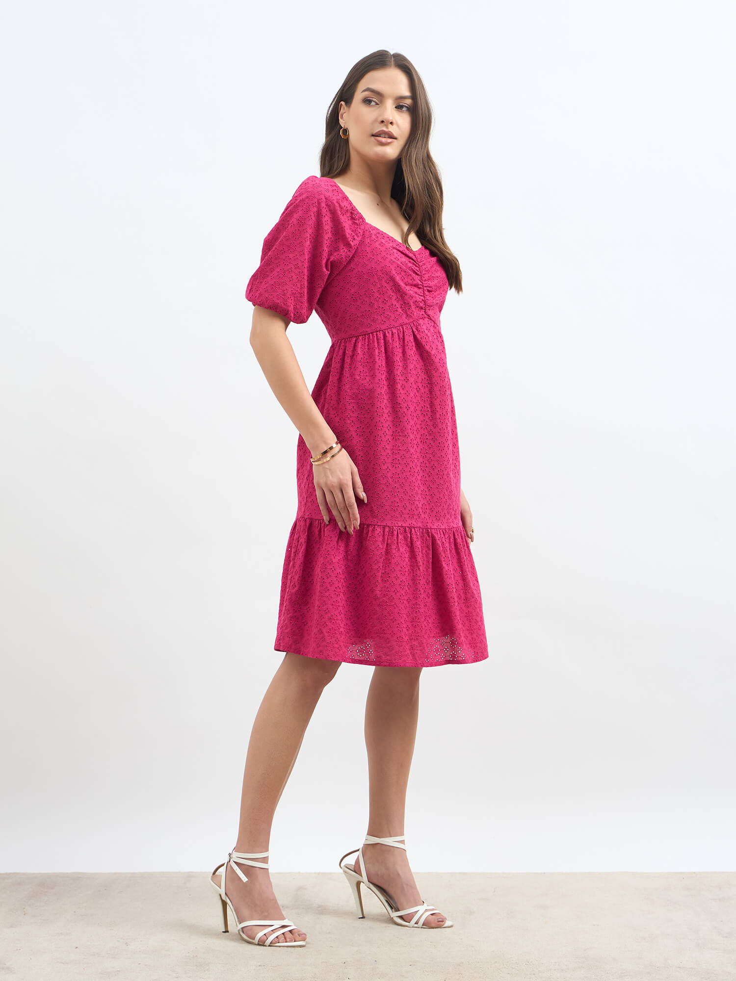 Frenetic Schiffli Ruched Detail Dress - Pink