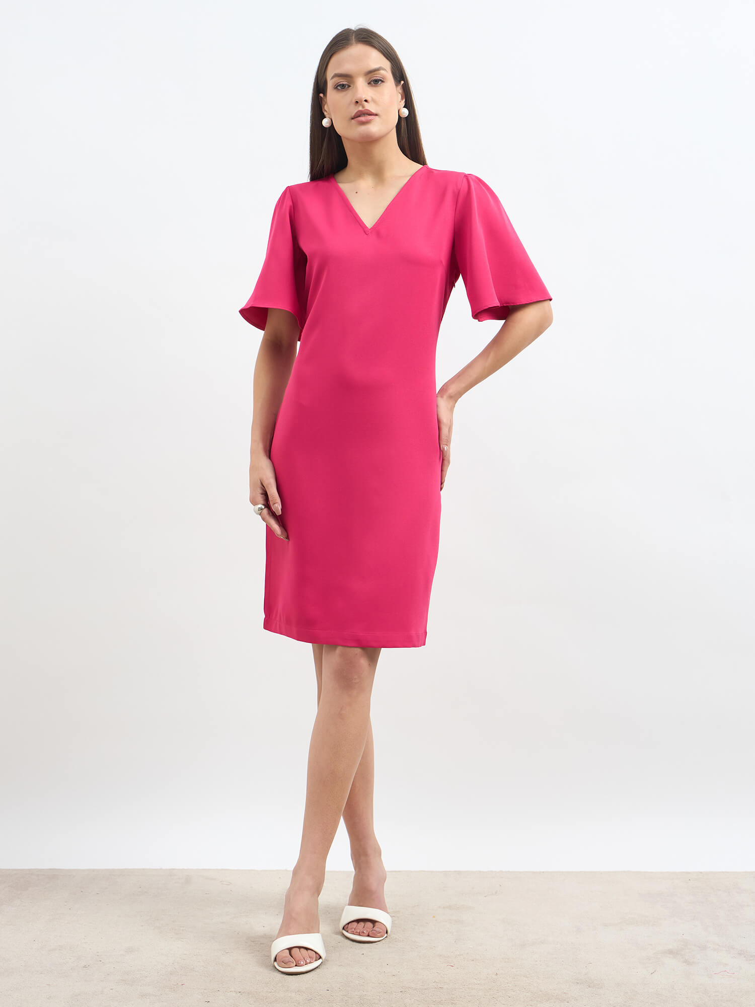 Evelyn Formal-Casual Flutter Sleeve Shift Dress - Hot Pink