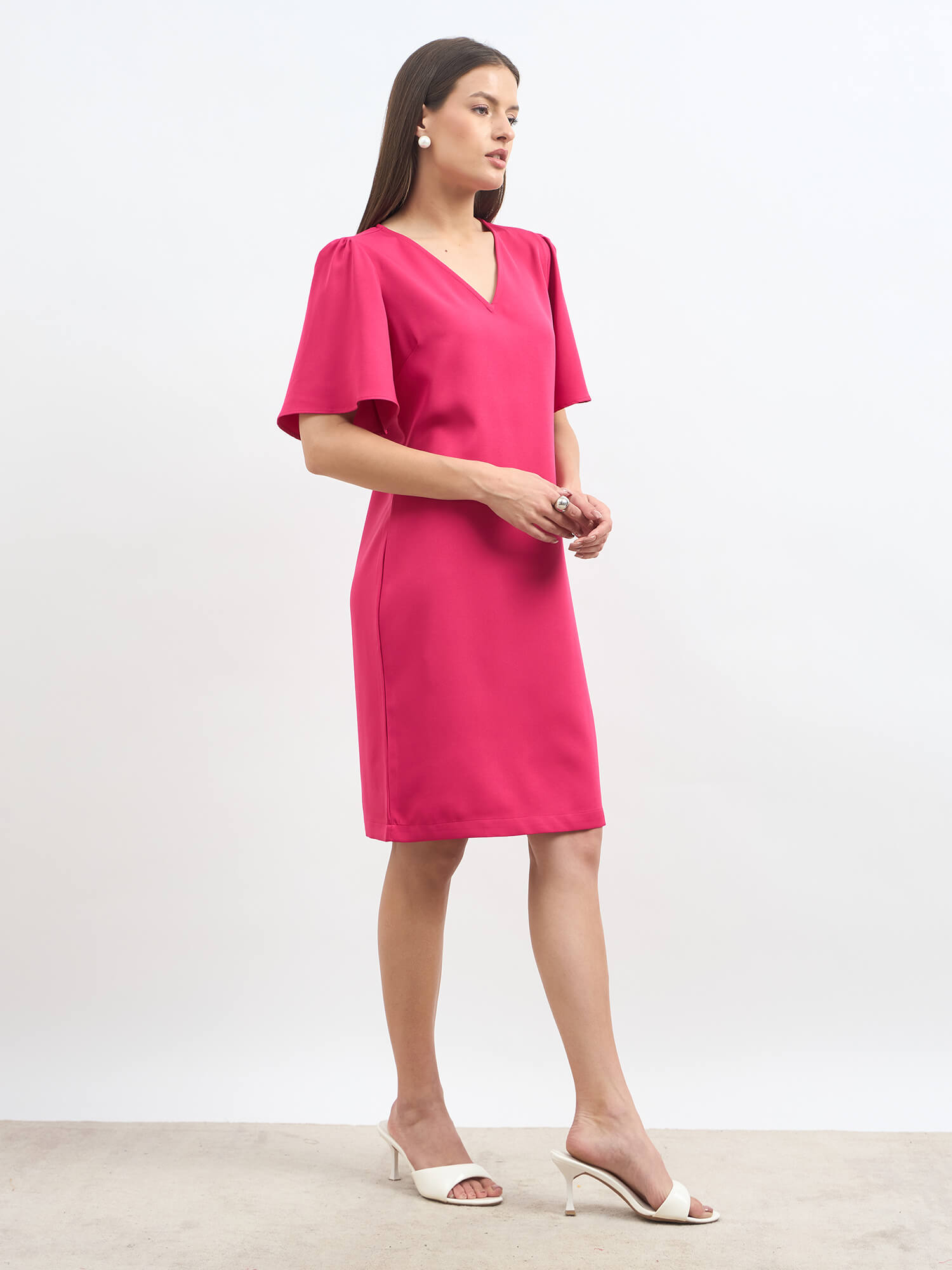 Evelyn Formal-Casual Flutter Sleeve Shift Dress - Hot Pink