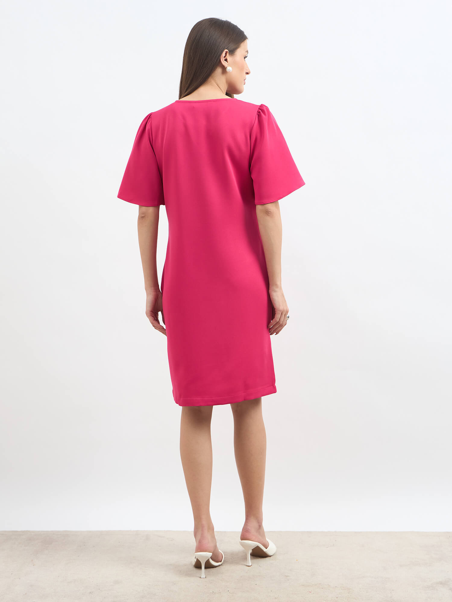 Evelyn Formal-Casual Flutter Sleeve Shift Dress - Hot Pink
