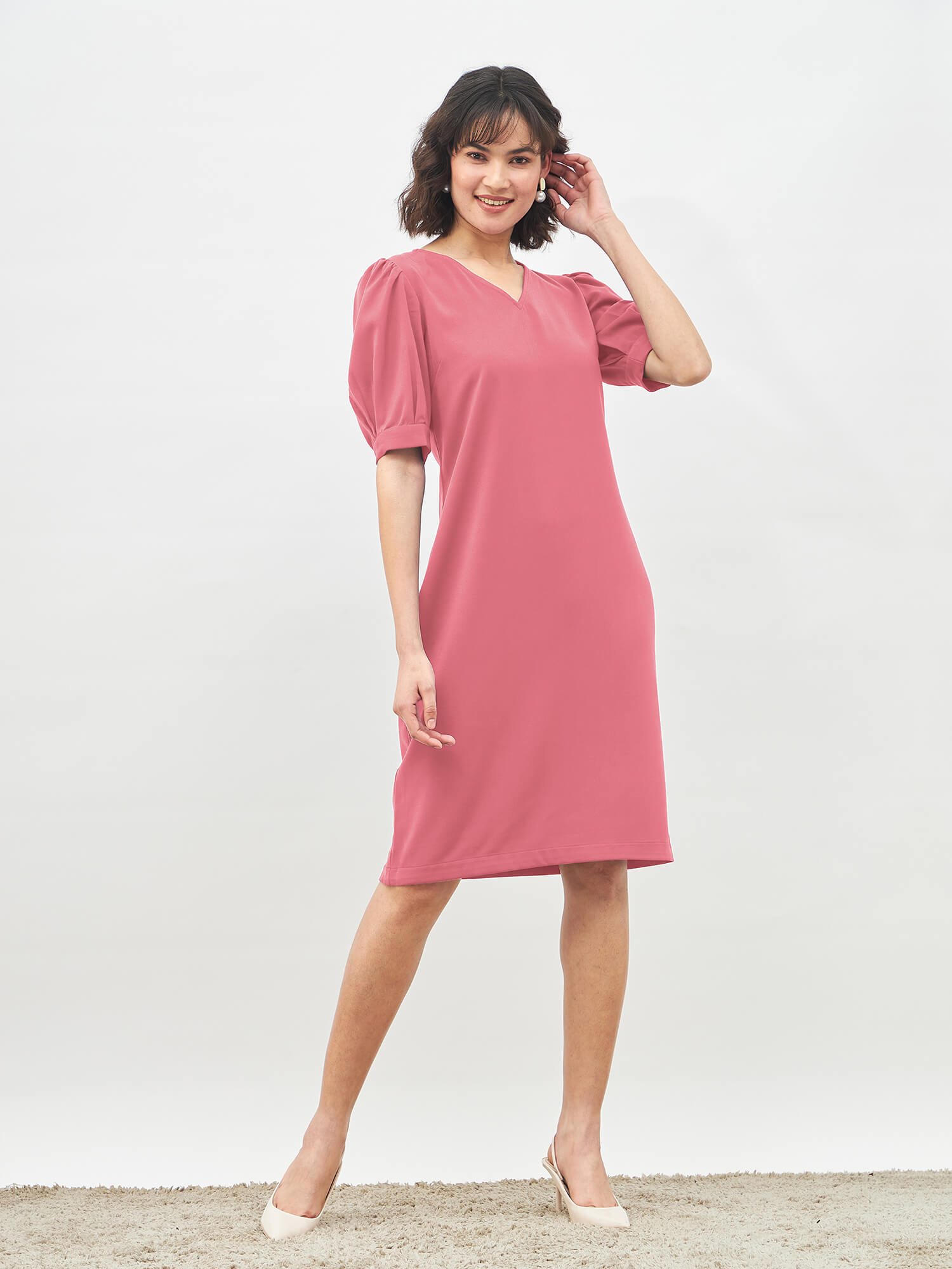 Valiant Balloon Sleeves Shift Dress - Coral Pink