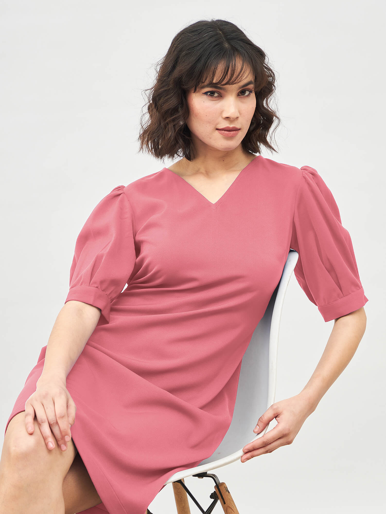Valiant Balloon Sleeves Shift Dress - Coral Pink
