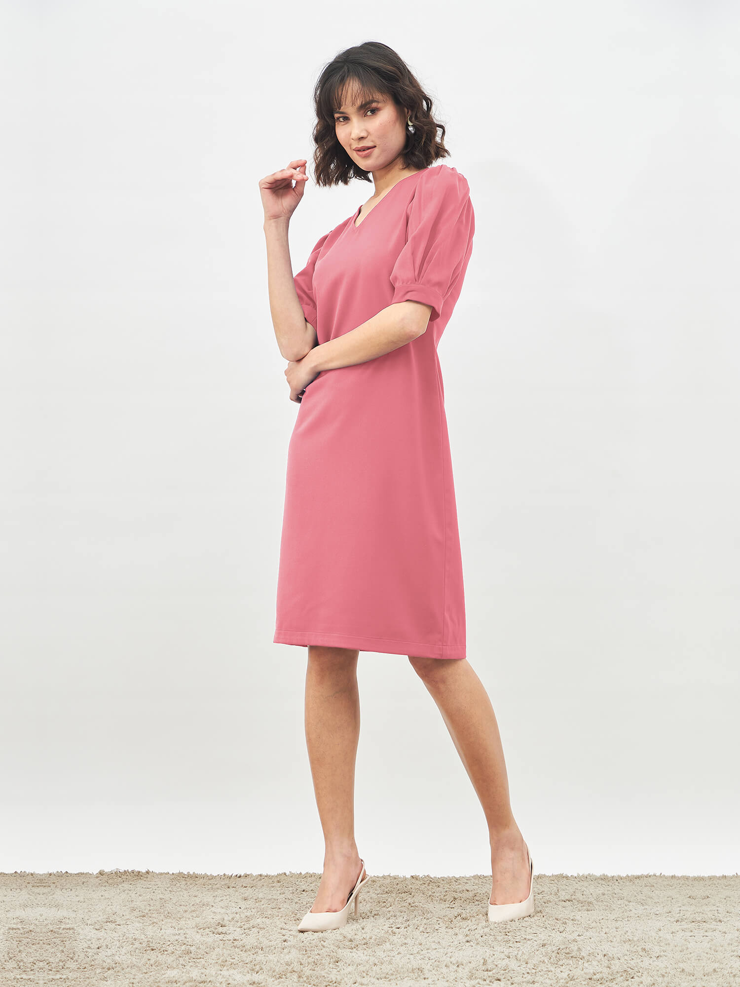 Valiant Balloon Sleeves Shift Dress - Coral Pink