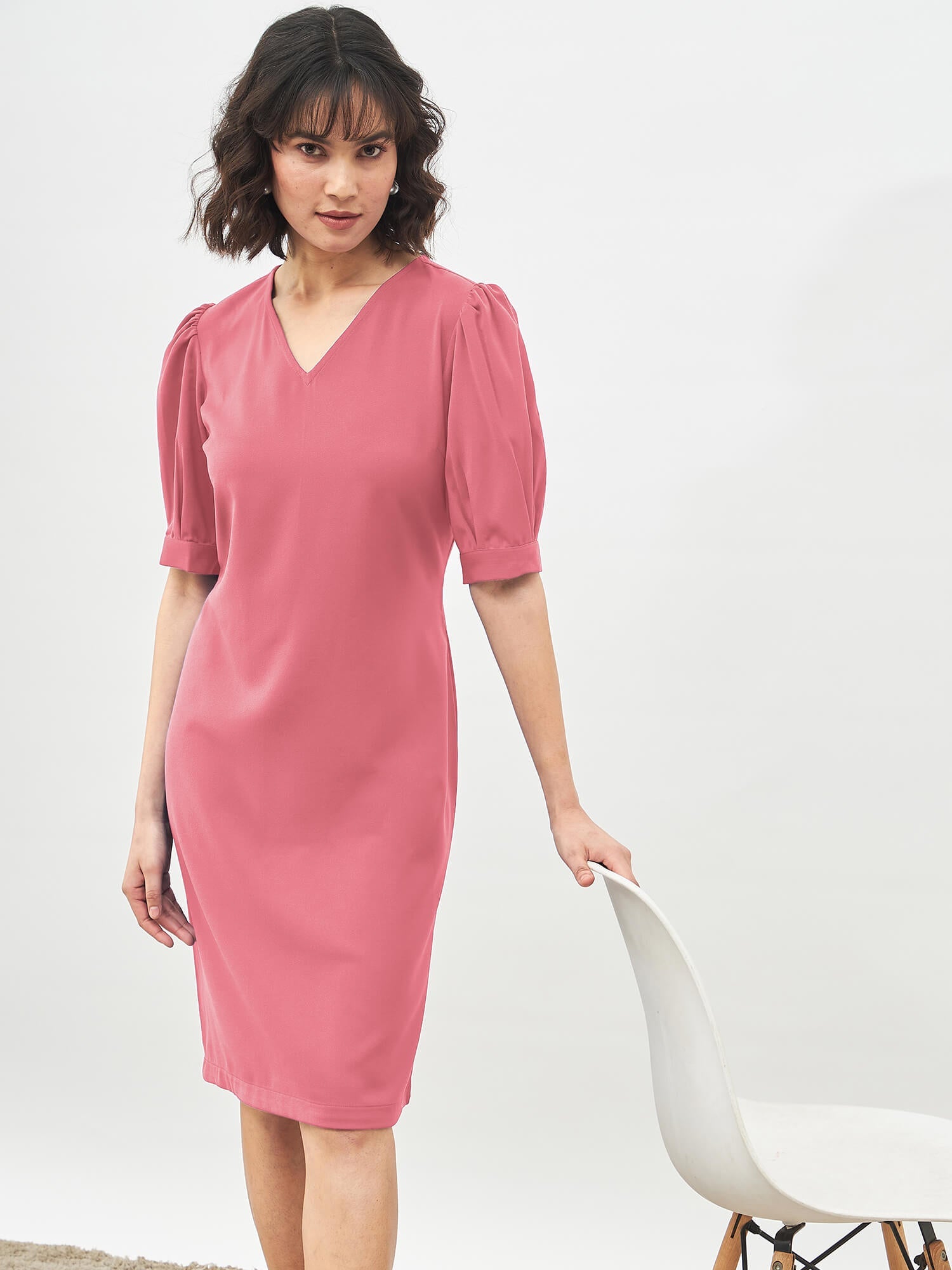 Valiant Balloon Sleeves Shift Dress - Coral Pink