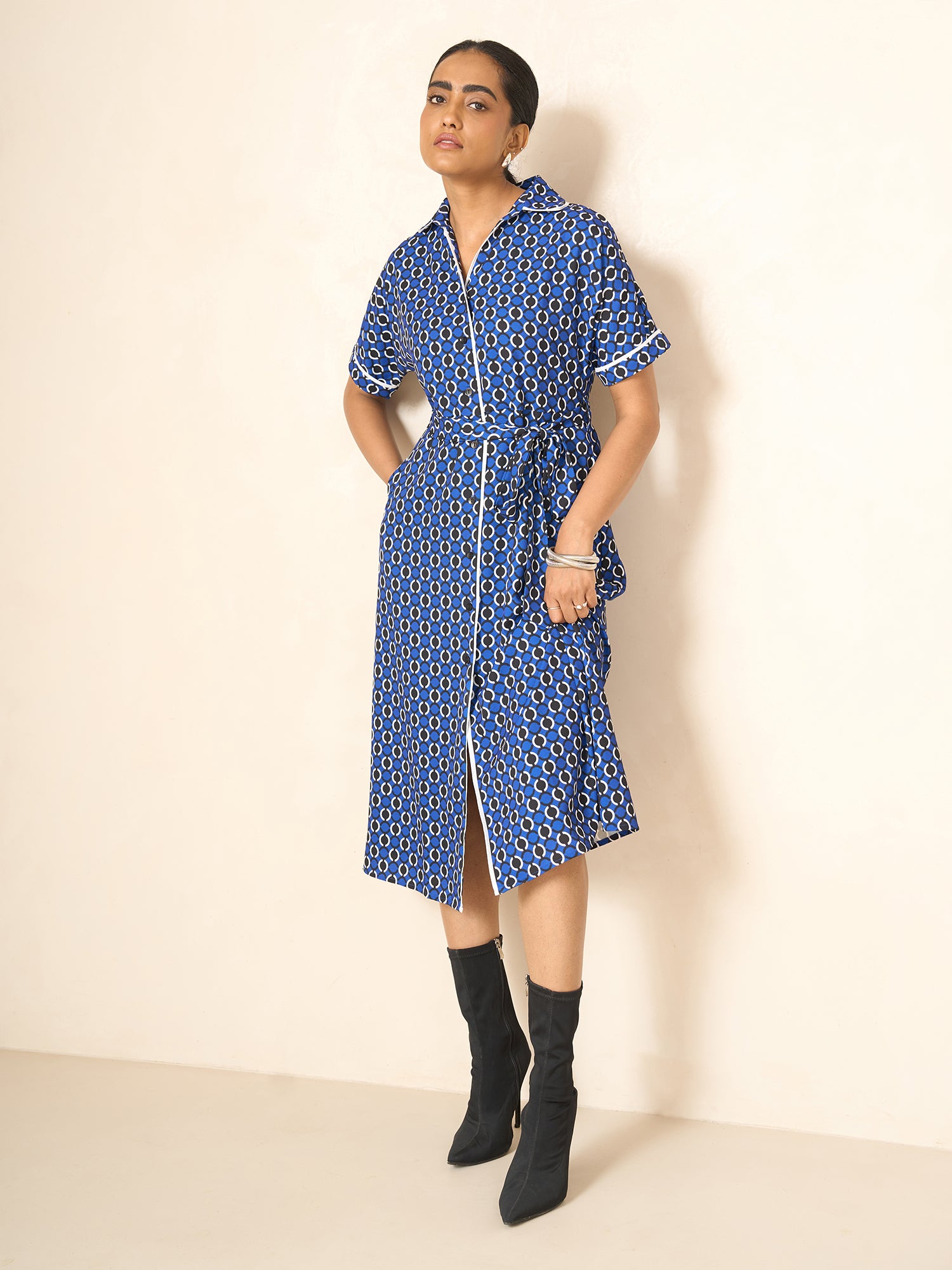Presence Dolman Sleeve Shirt Dress-Navy&white