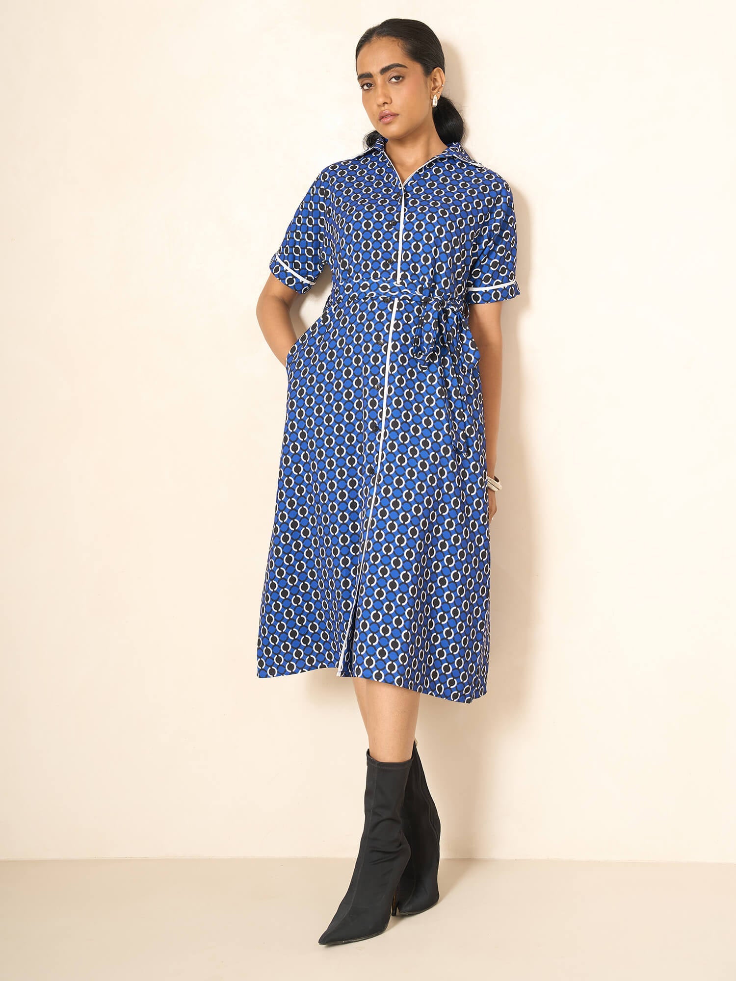 Presence Dolman Sleeve Shirt Dress-Navy&white