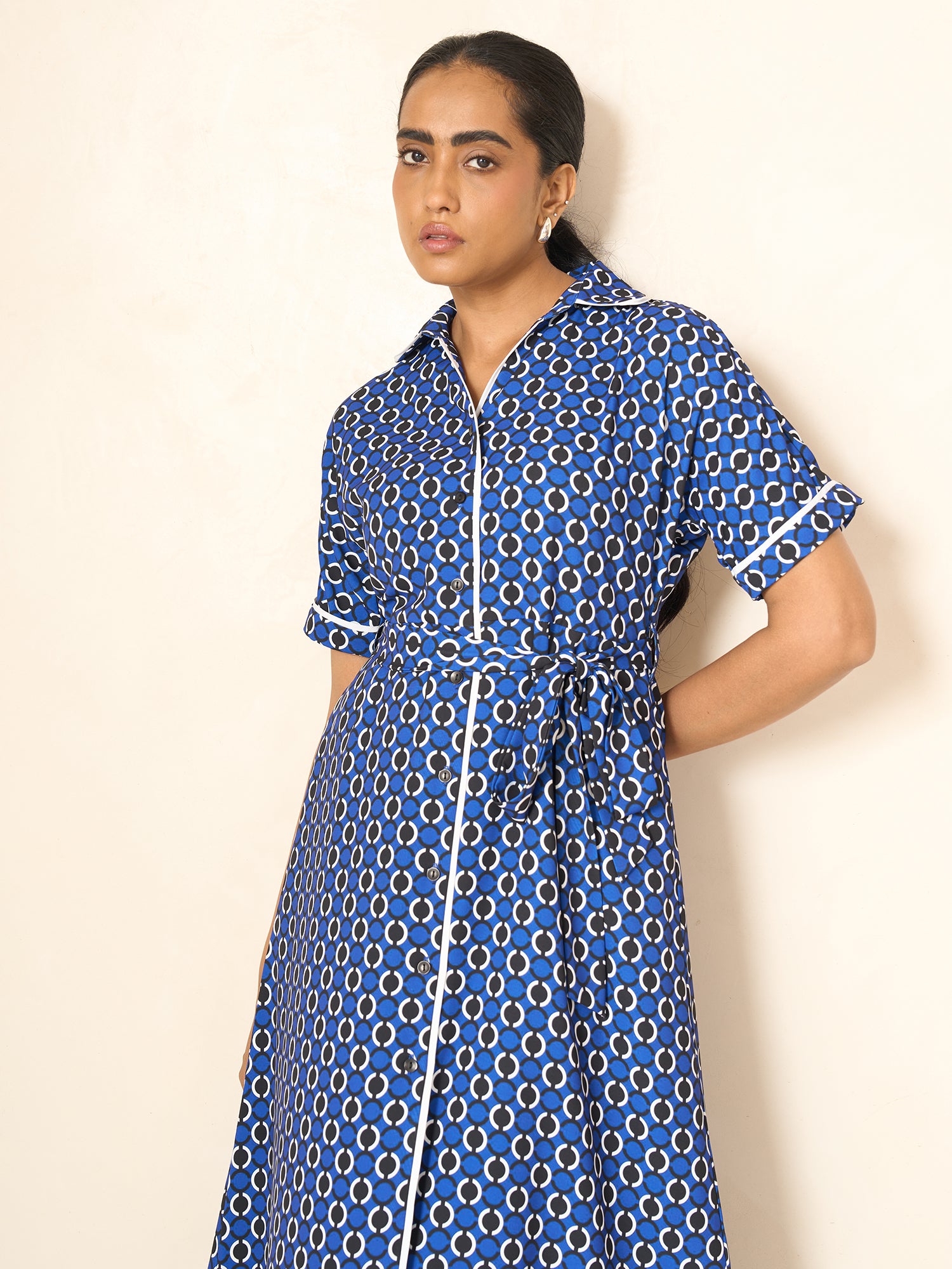 Presence Dolman Sleeve Shirt Dress-Navy&white