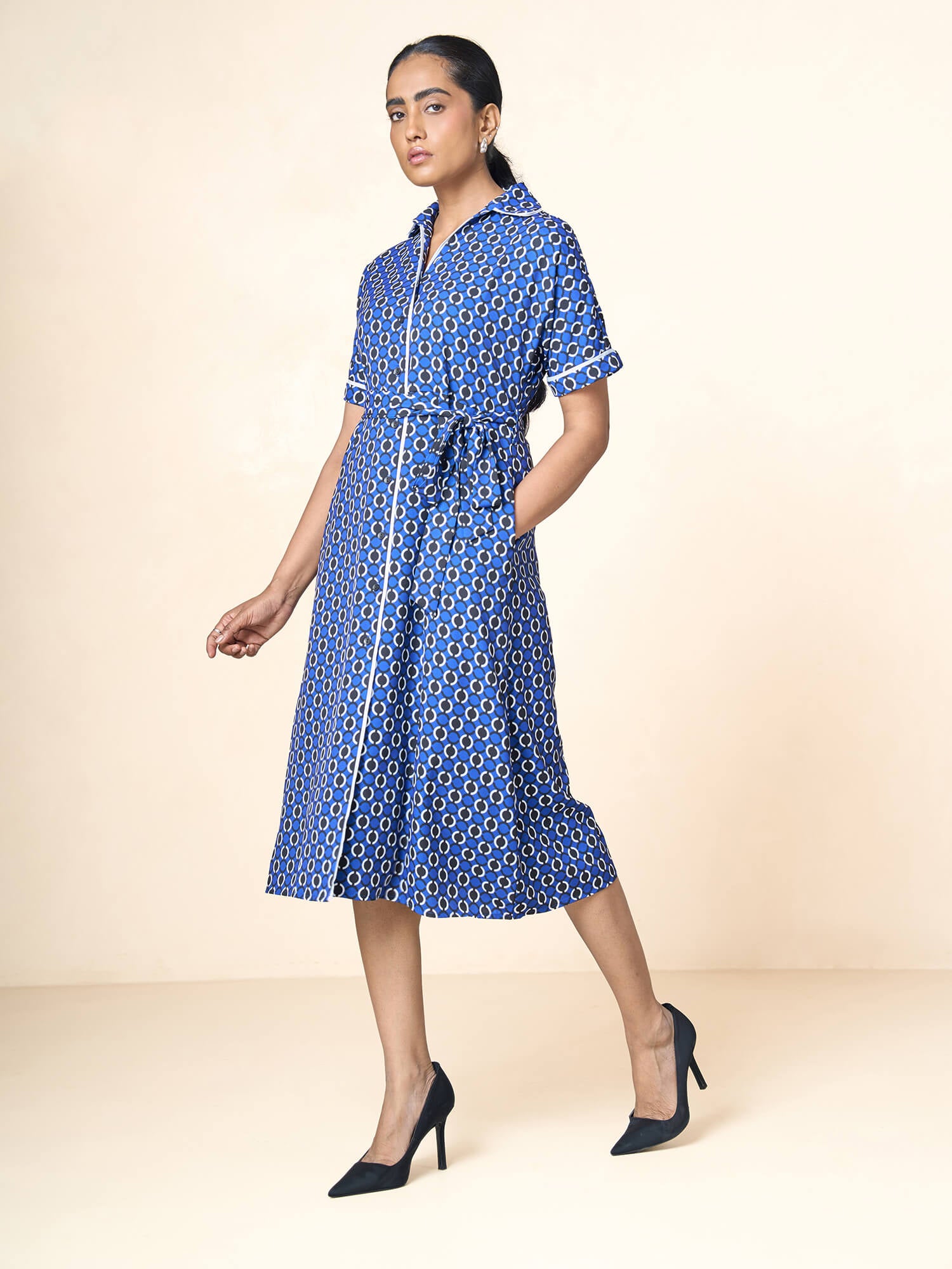 Presence Dolman Sleeve Shirt Dress-Navy&white