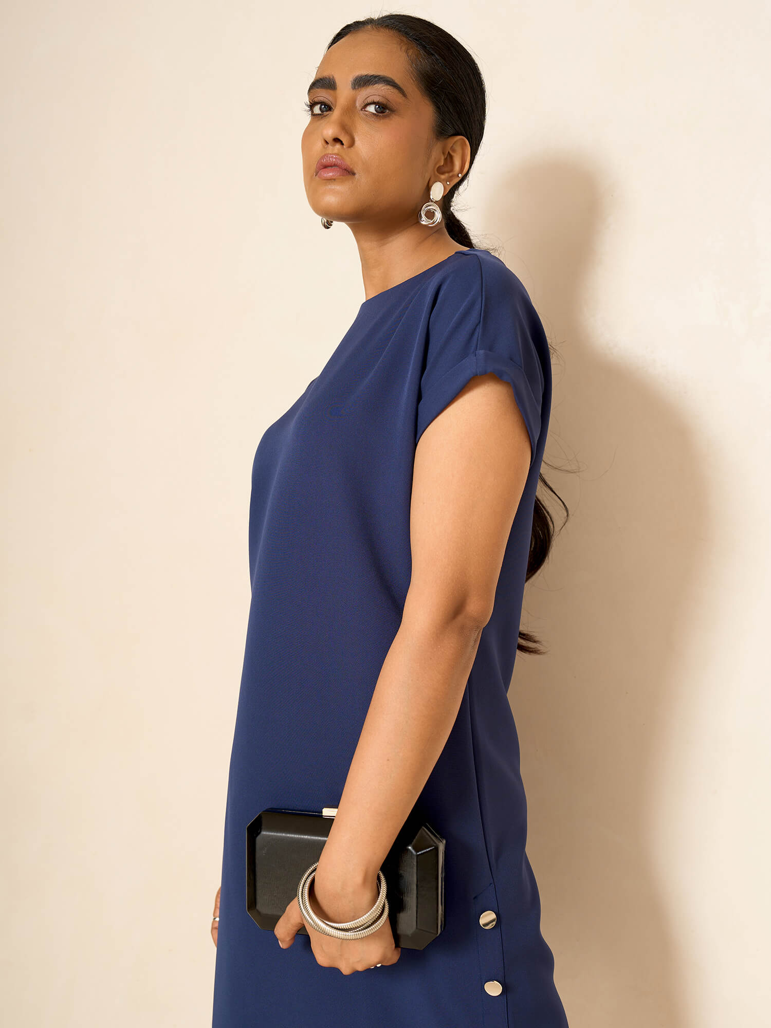 Elwood Side Button Shift Dress-Navy