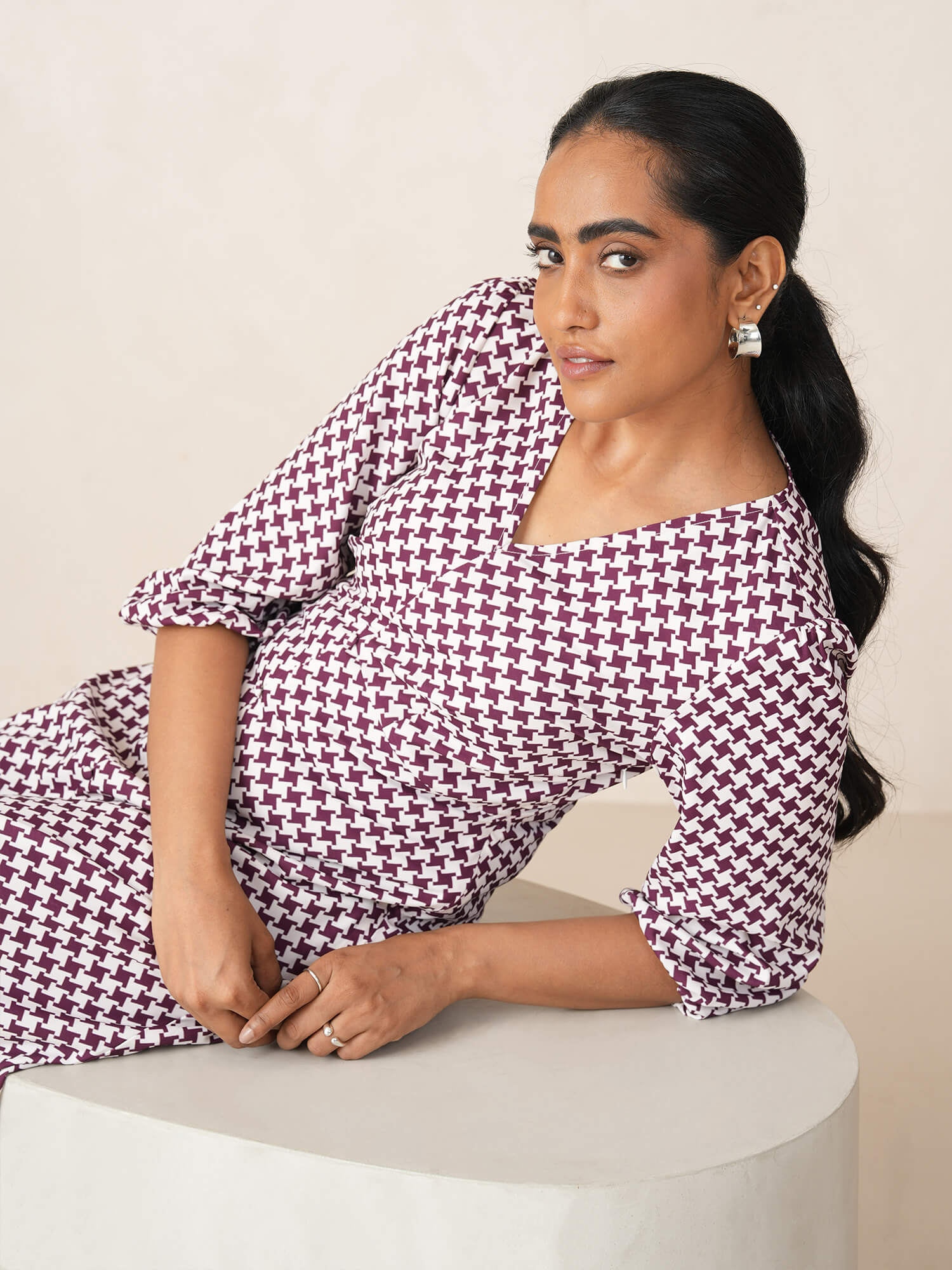 Turner Printed Faux Button Midi Dress-WINE