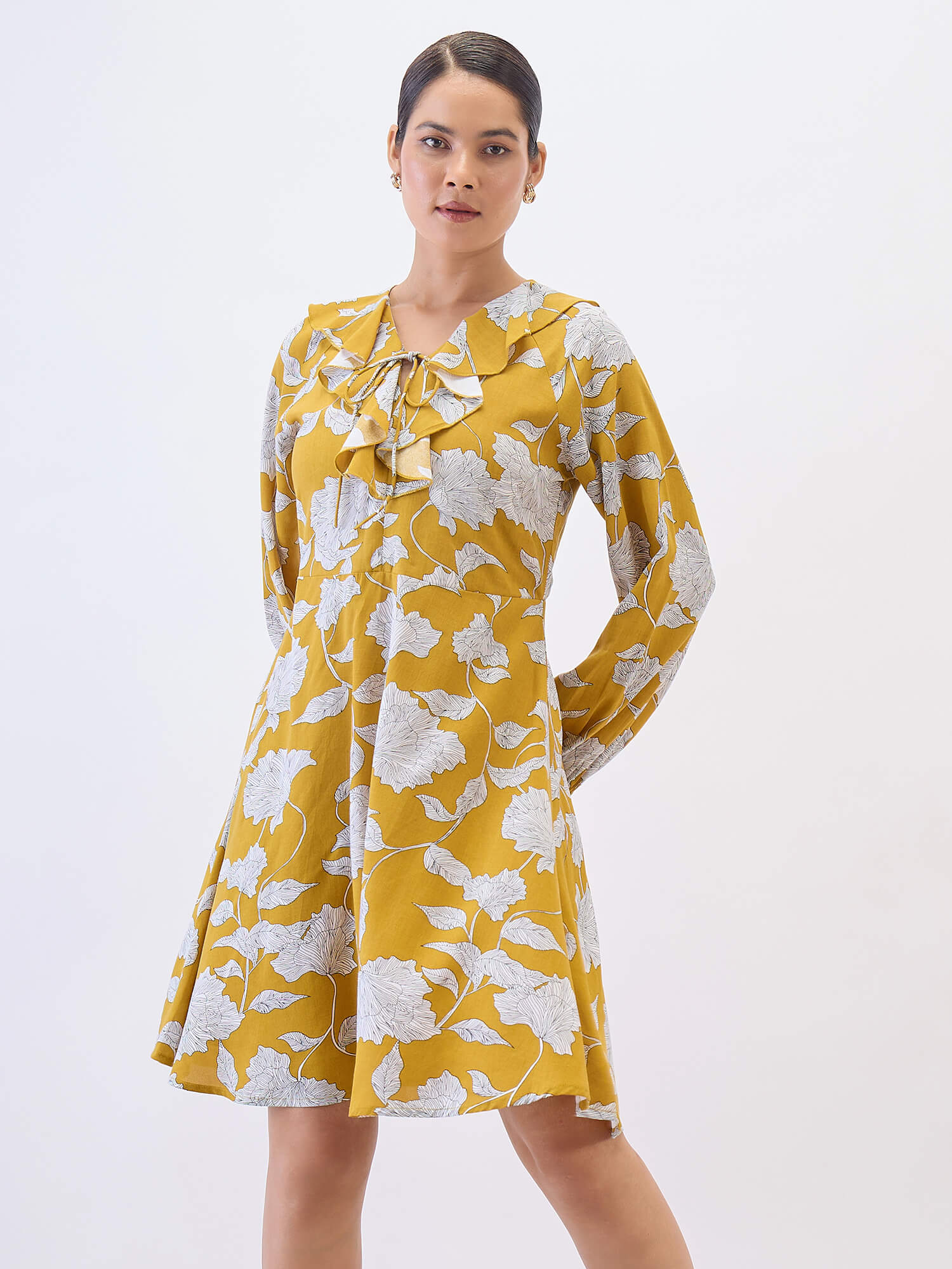 Regina Ruffle neck Dress-Mustard & White