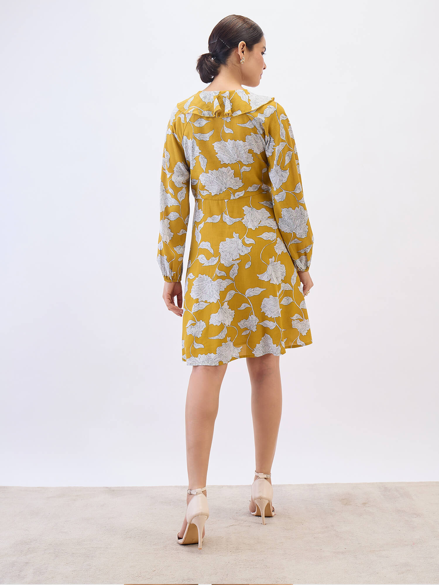 Regina Ruffle neck Dress-Mustard & White