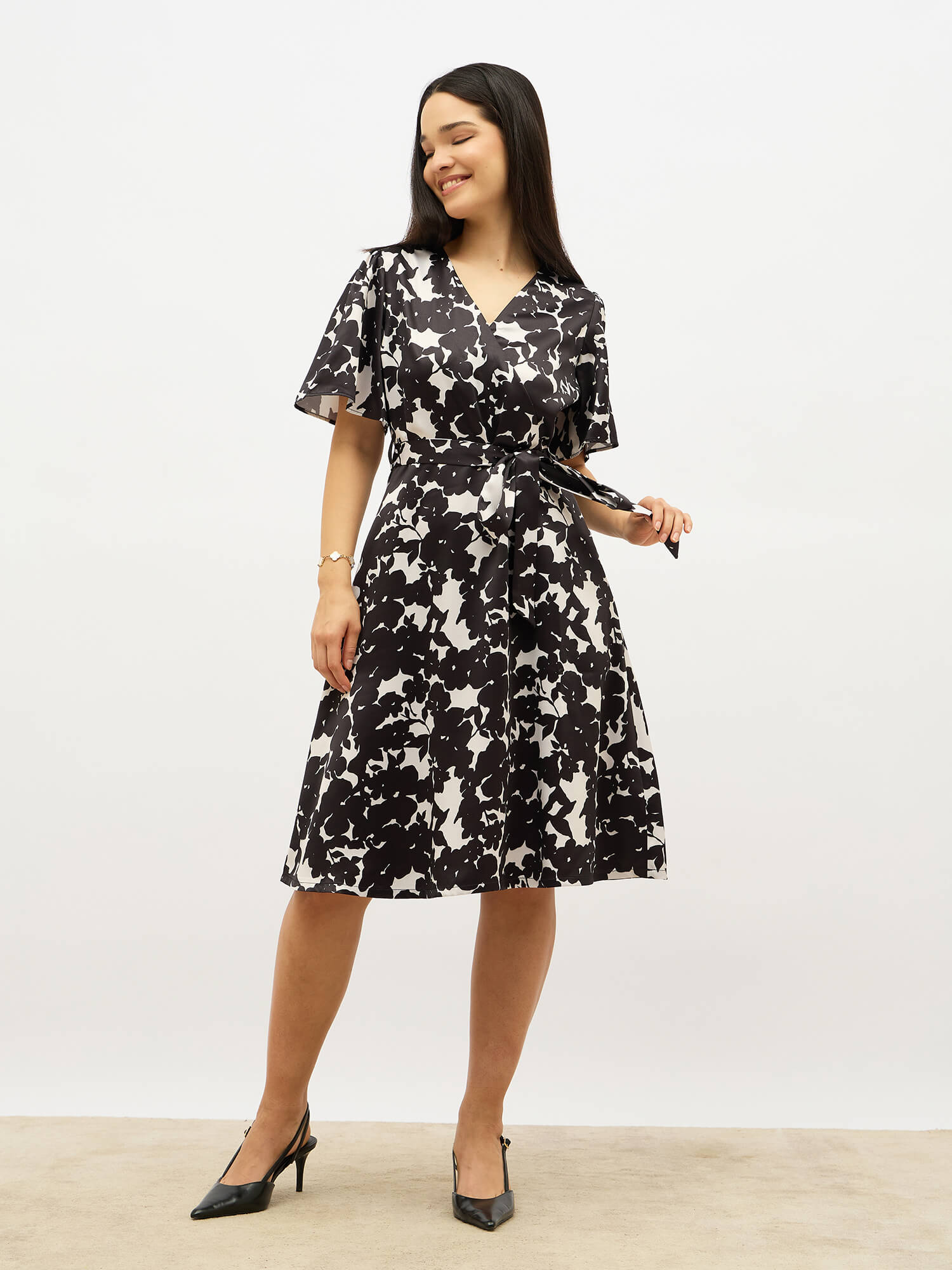 Juvina Faux Overlap Dress-Black & Ivory