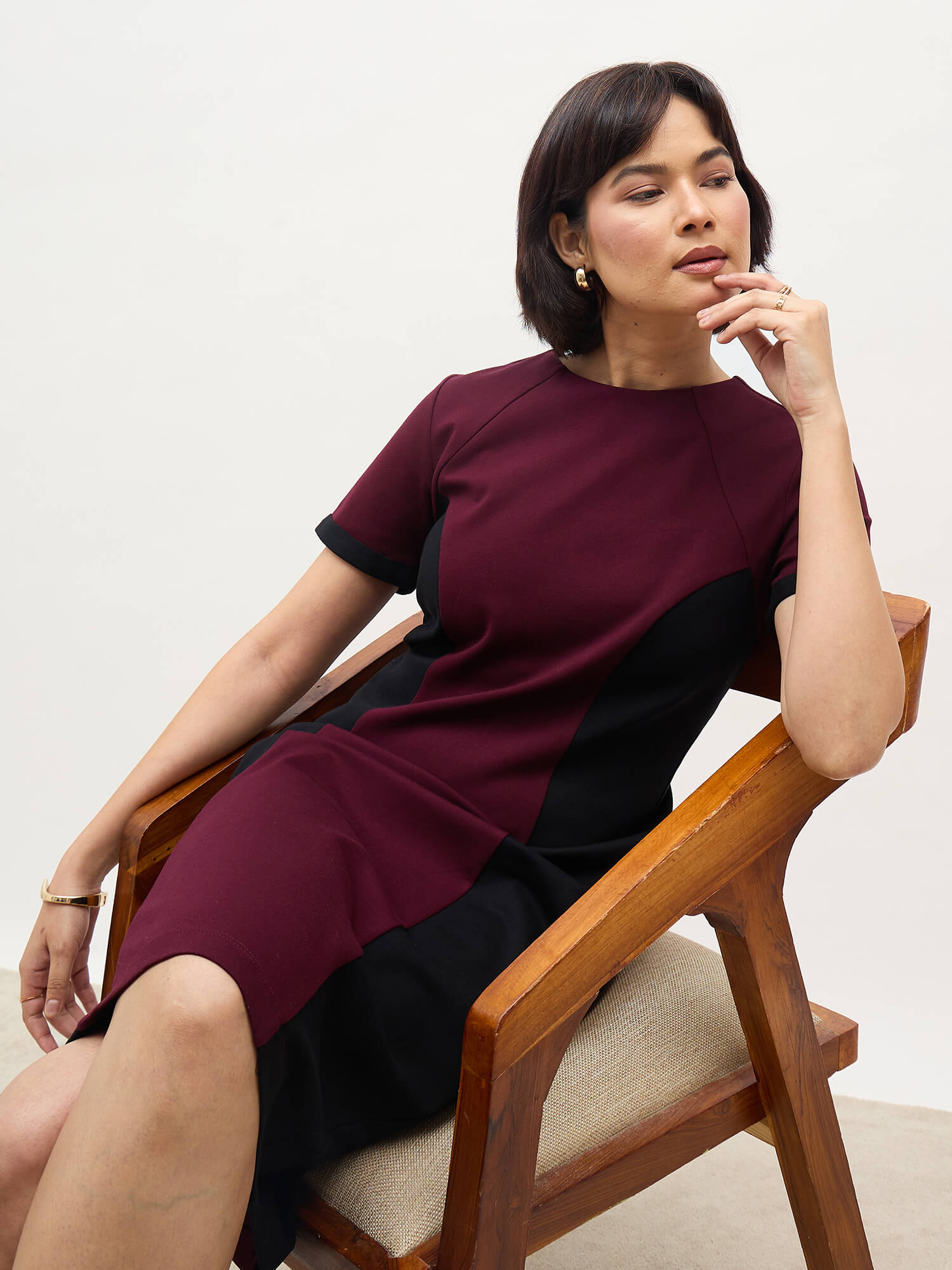 Aven Panelled Dress-Wine & Black