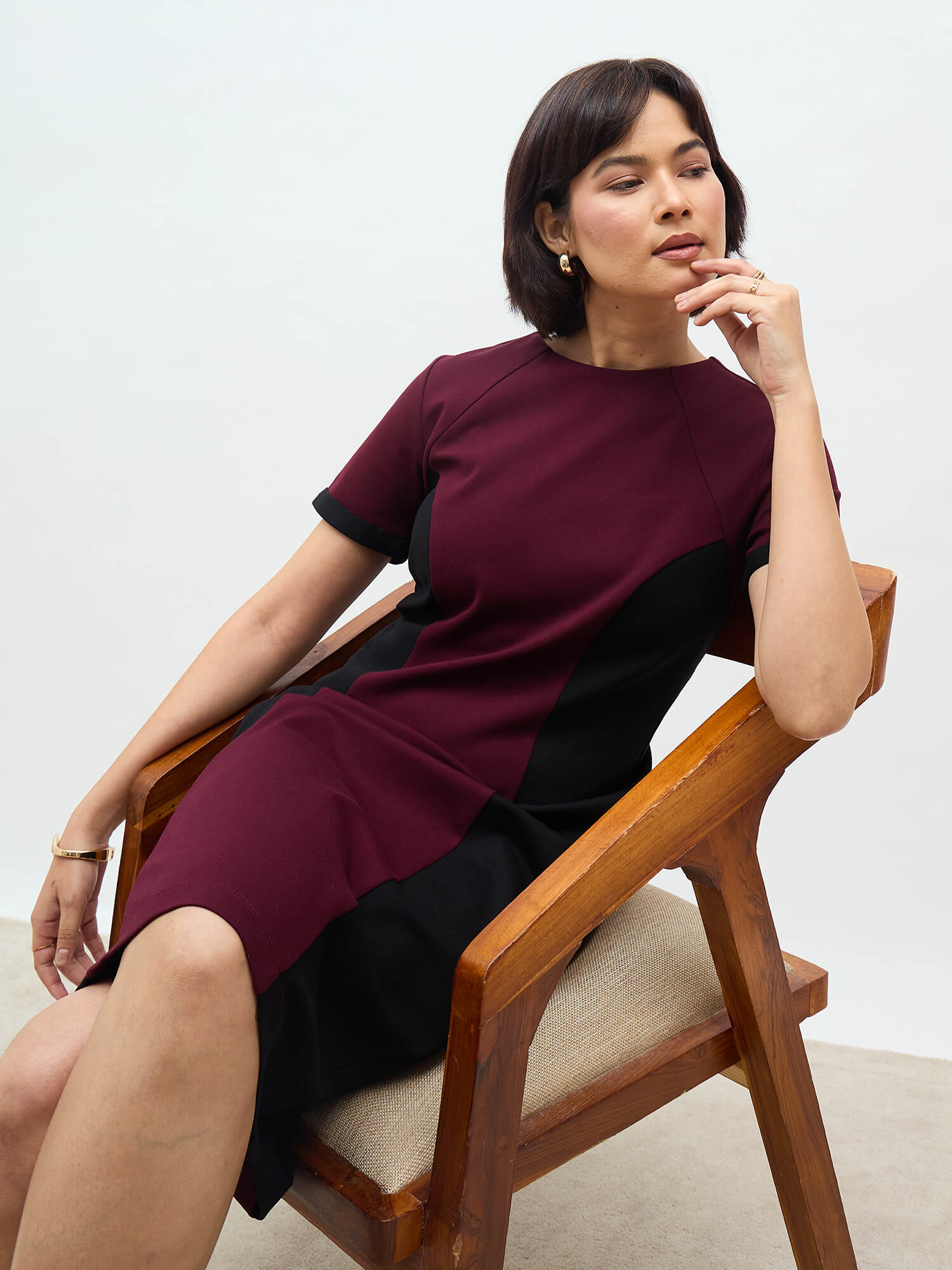 Aven Panelled Dress-Wine & Black