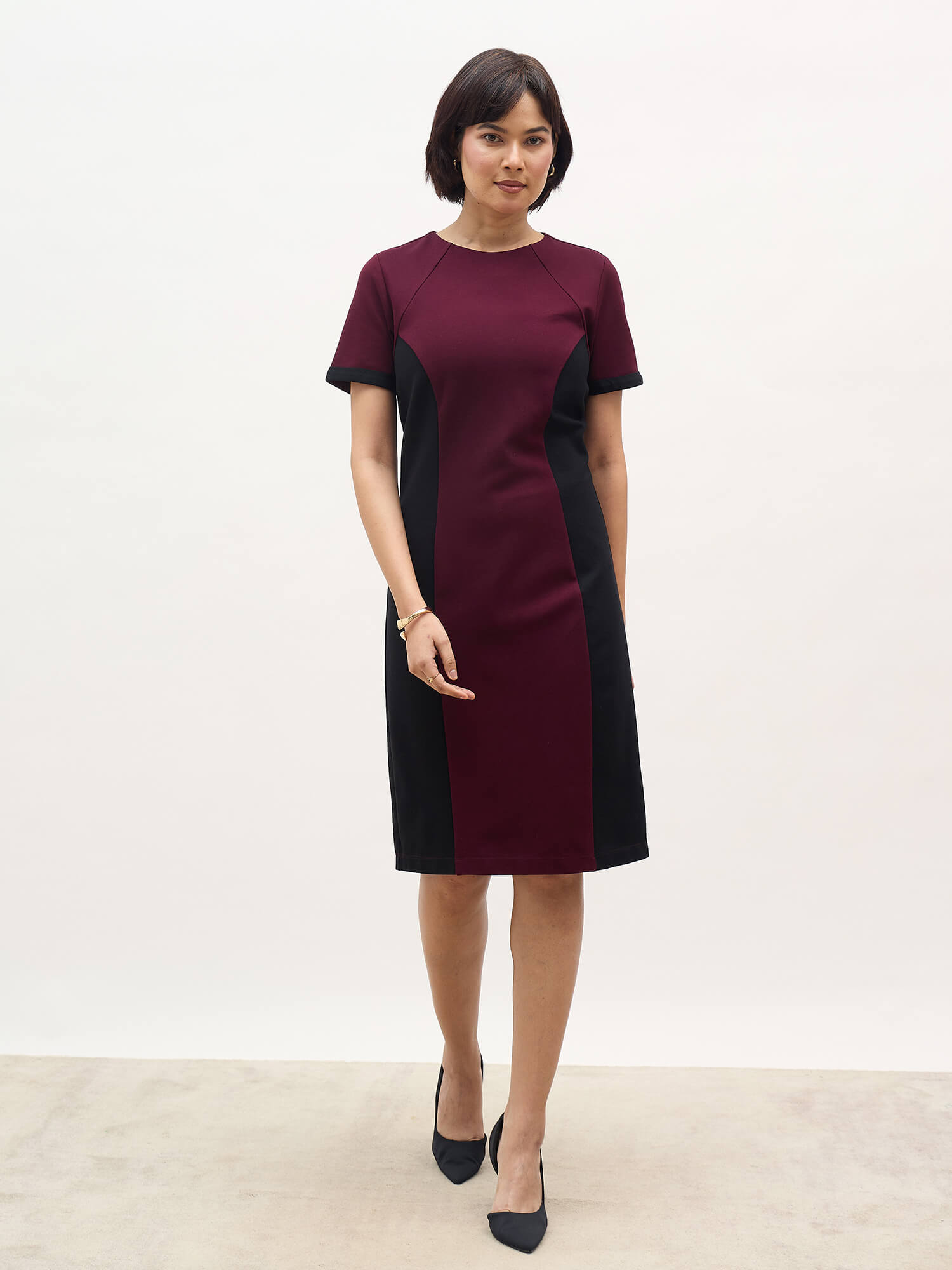 Aven Panelled Dress-Wine & Black